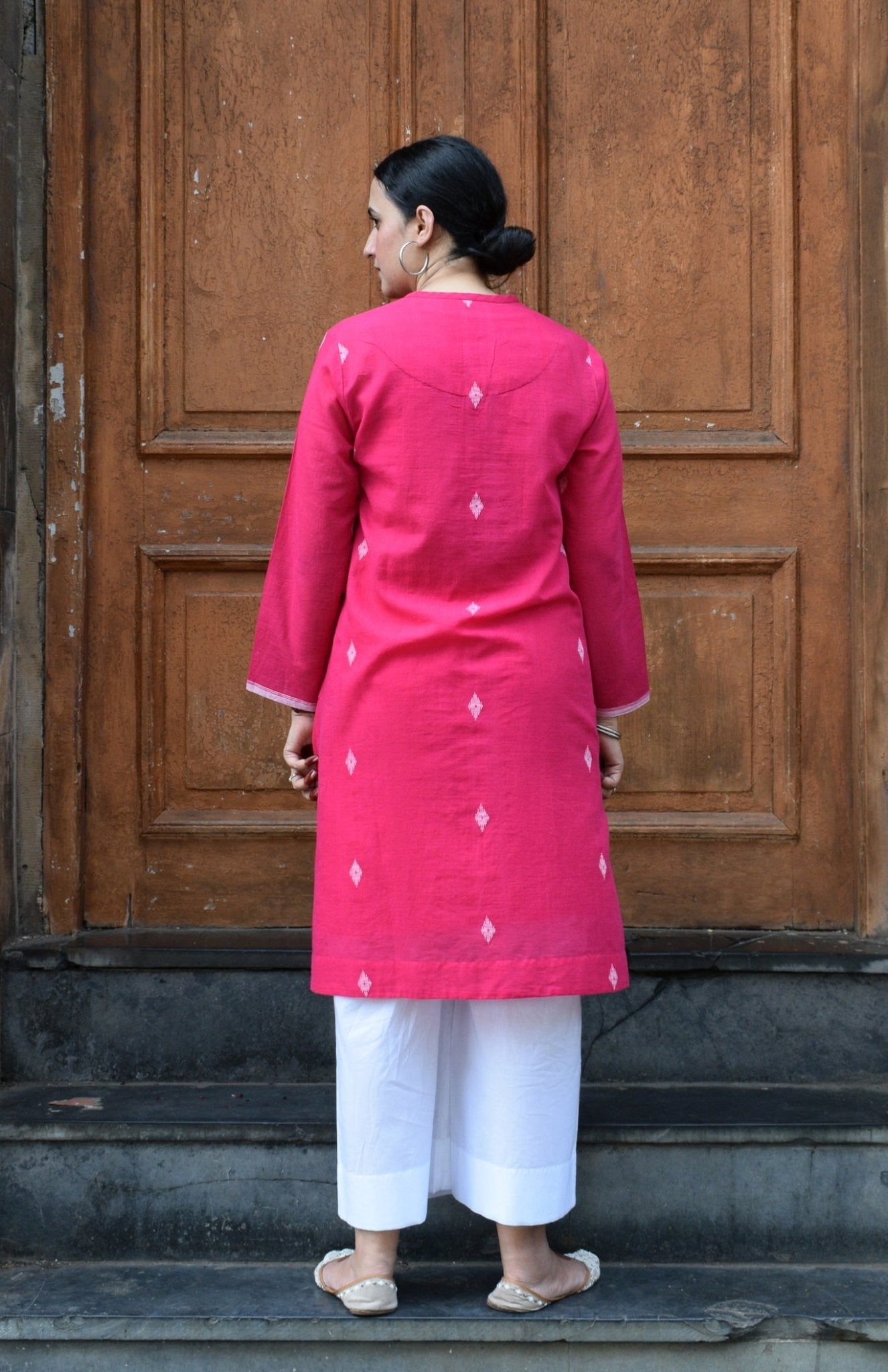 Rani Pink Jamdani Kurta with Placket - CiceroniKurta, Everyday WearHouse of Moxa