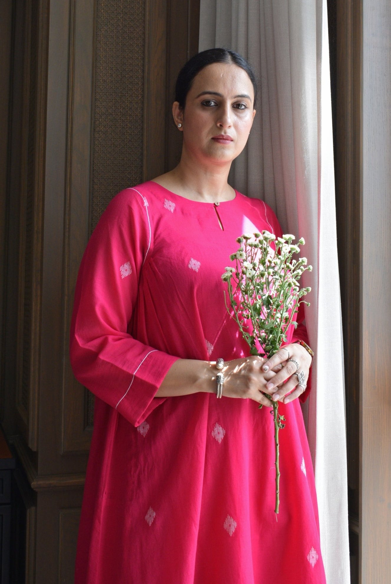 Rani Pink Jamdani Kurta with Side Gathers - CiceroniKurta, Everyday WearHouse of Moxa