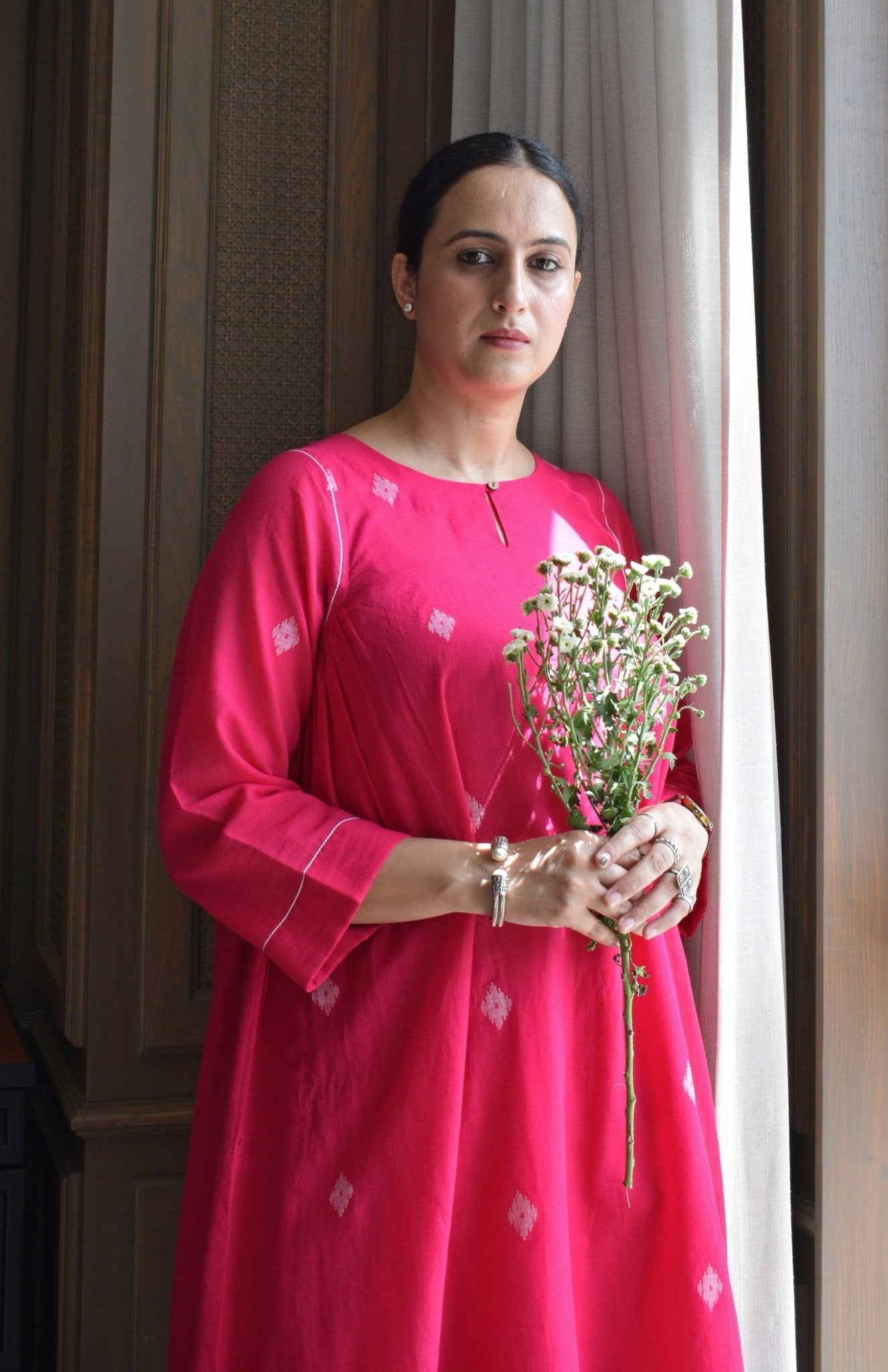 Rani Pink Jamdani Kurta with Side Gathers - CiceroniKurta, Everyday WearHouse of Moxa