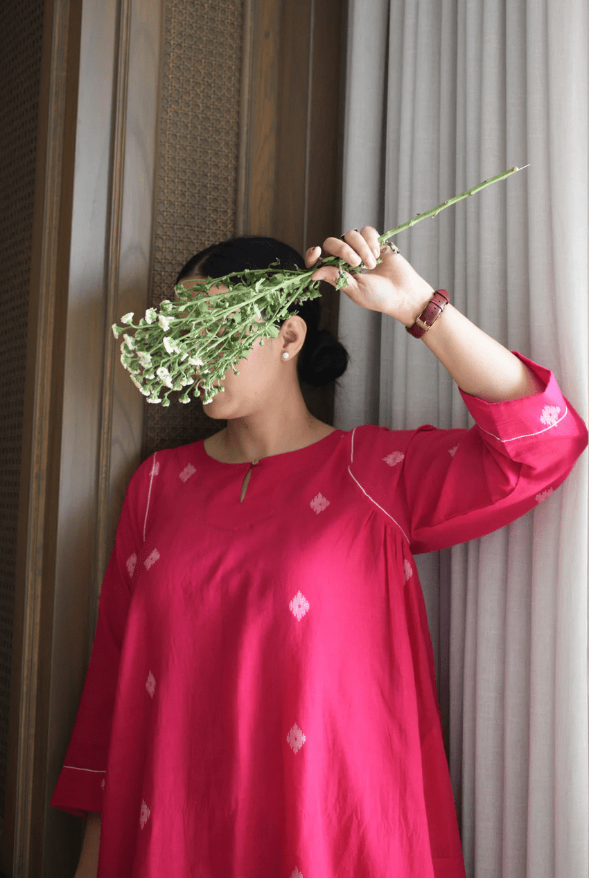 Rani Pink Jamdani Kurta with Side Gathers - CiceroniKurta, Everyday WearHouse of Moxa