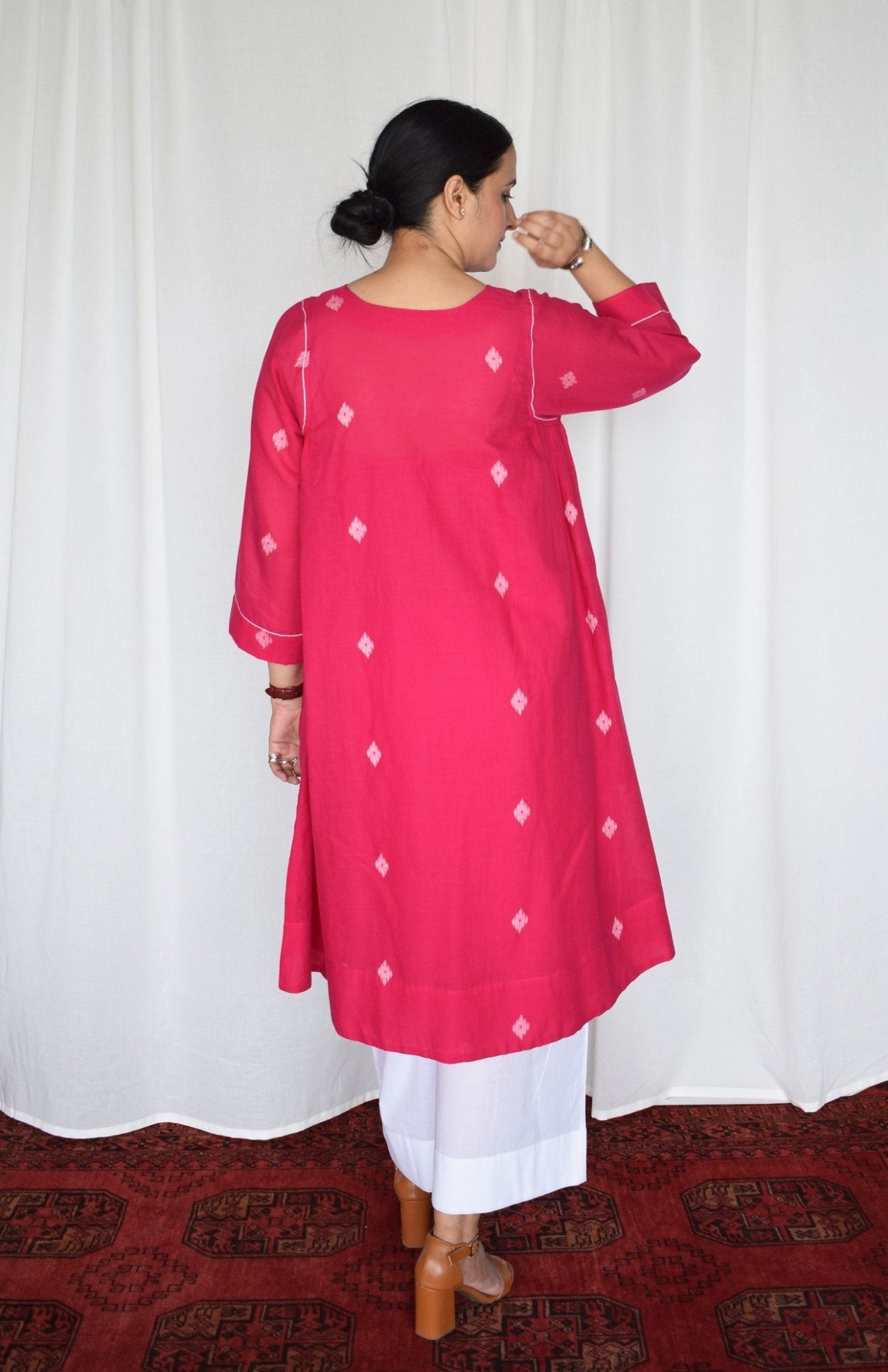 Rani Pink Jamdani Kurta with Side Gathers - CiceroniKurta, Everyday WearHouse of Moxa