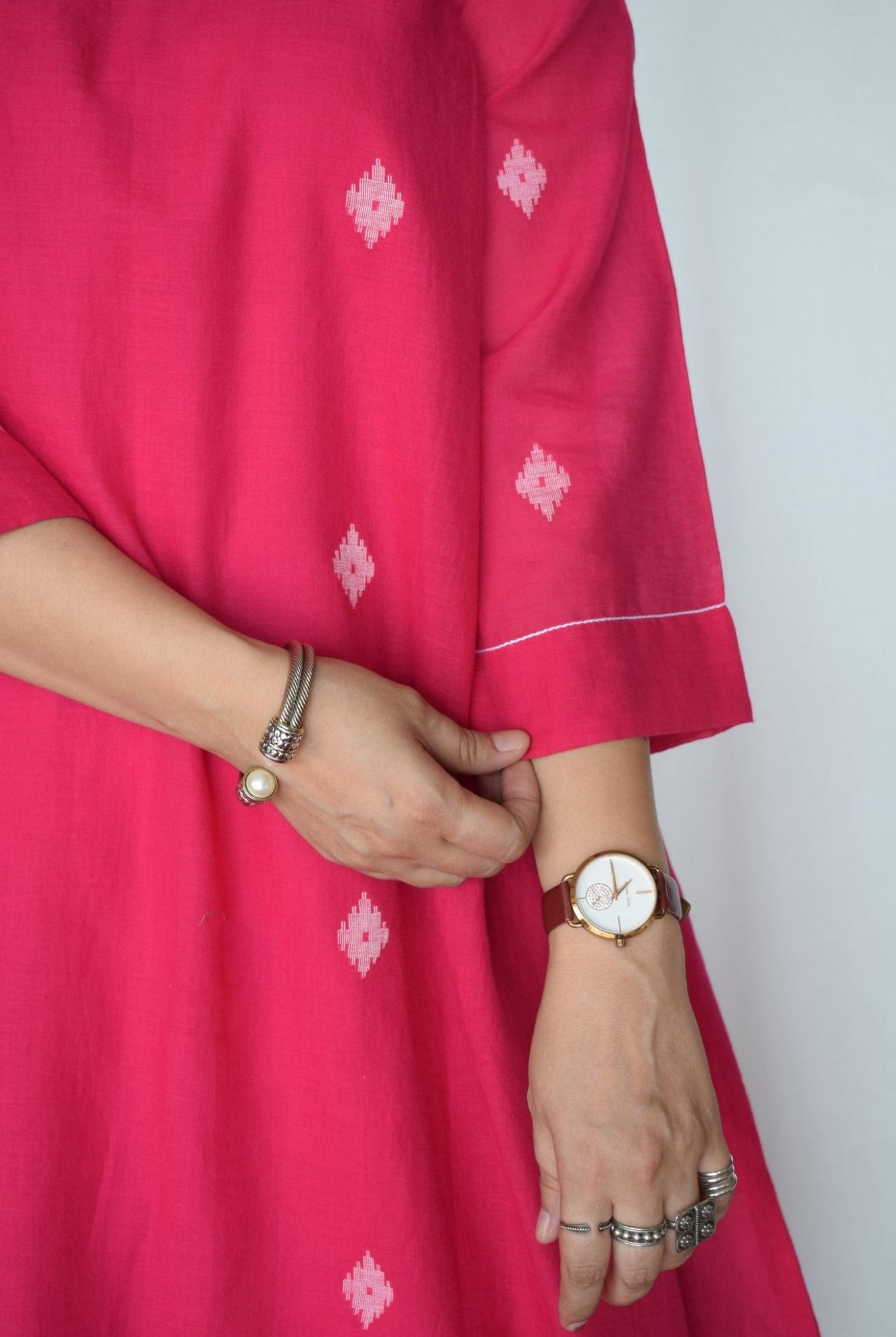 Rani Pink Jamdani Kurta with Side Gathers - CiceroniKurta, Everyday WearHouse of Moxa