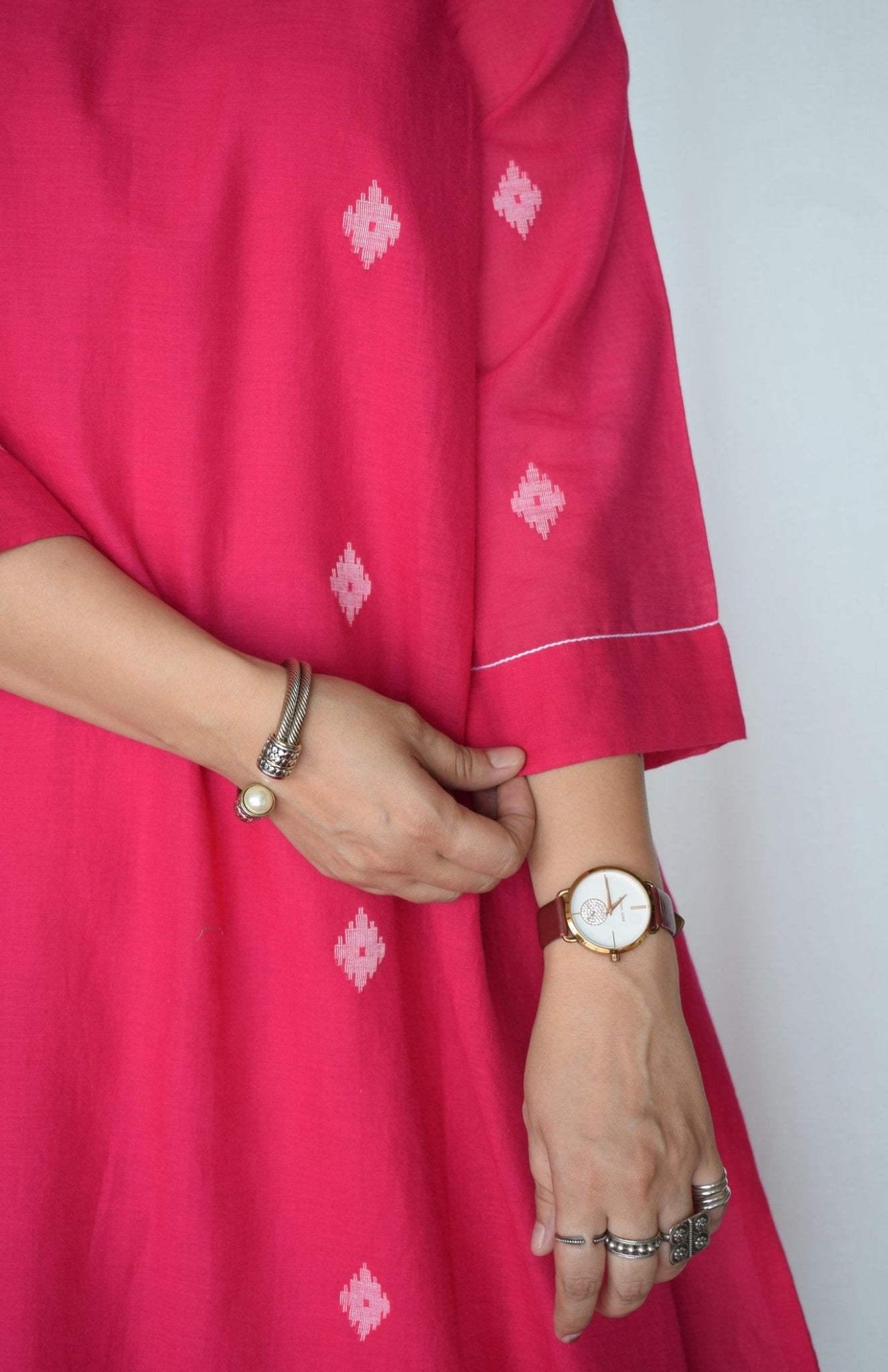 Rani Pink Jamdani Kurta with Side Gathers - CiceroniKurta, Everyday WearHouse of Moxa
