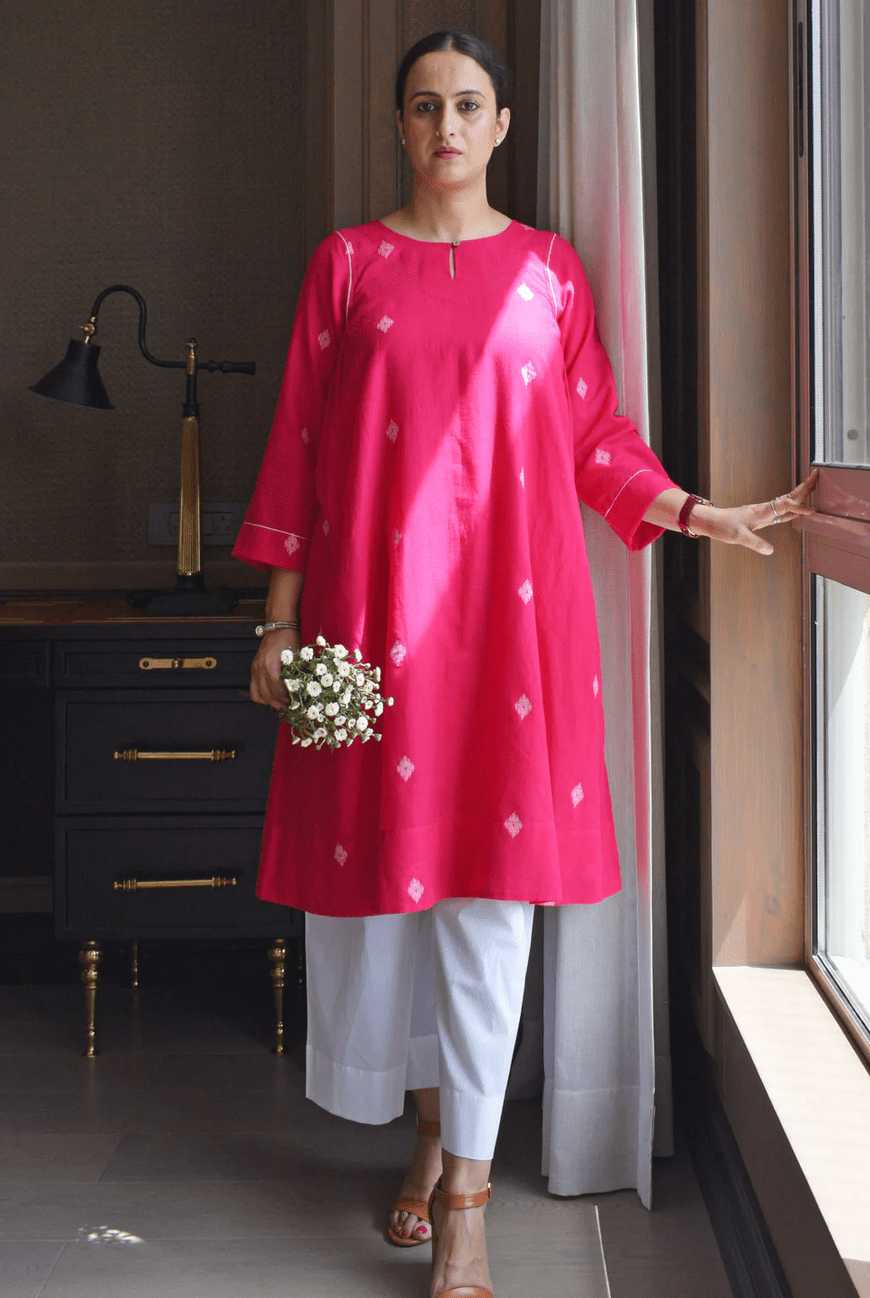 Rani Pink Jamdani Kurta with Side Gathers - CiceroniKurta, Everyday WearHouse of Moxa