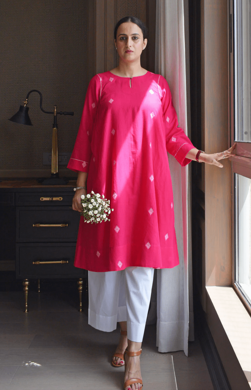 Rani Pink Jamdani Kurta with Side Gathers - CiceroniKurta, Everyday WearHouse of Moxa