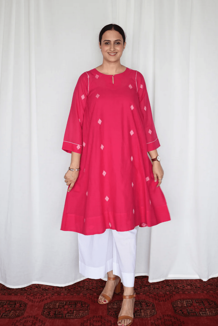 Rani Pink Jamdani Kurta with Side Gathers - CiceroniKurta, Everyday WearHouse of Moxa