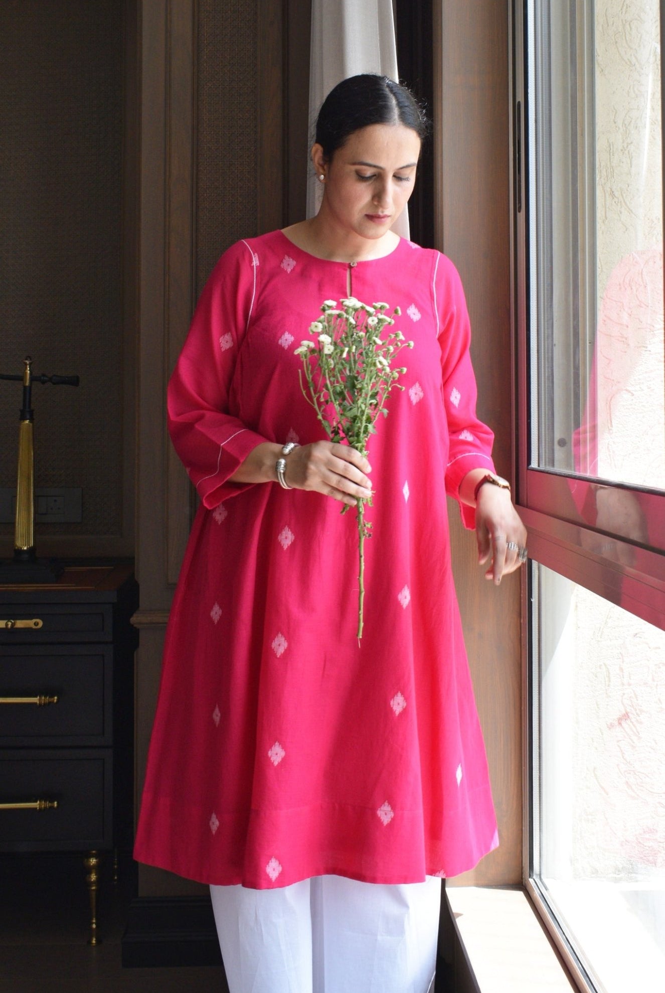 Rani Pink Jamdani Kurta with Side Gathers - CiceroniKurta, Everyday WearHouse of Moxa