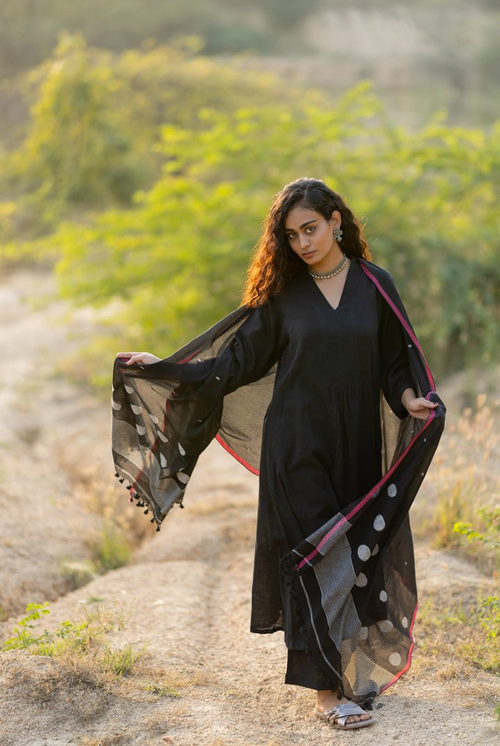 Raven Black Kurta Set with Dupatta - CiceroniKurta Set, Everyday WearMaidaan