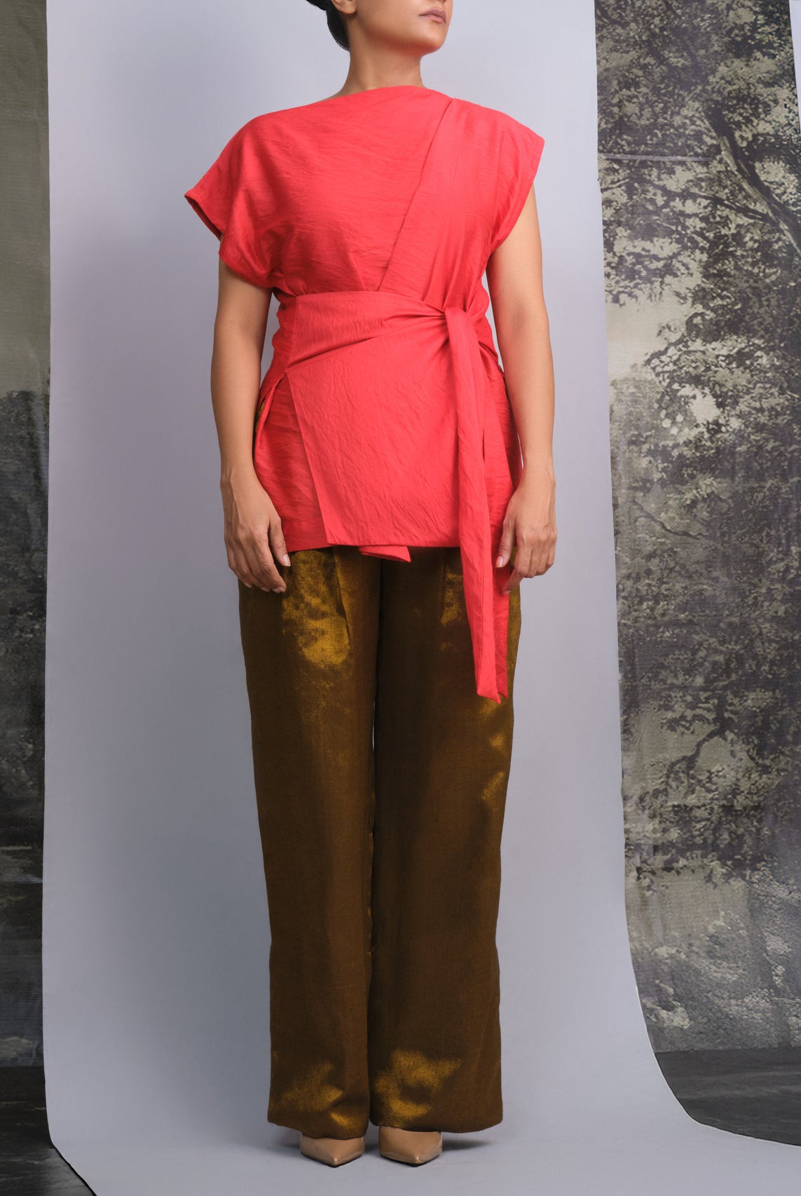 Red Chanderi Belted Top & Gold Handwoven Pants Set - CiceroniCo - ord SetOtouto