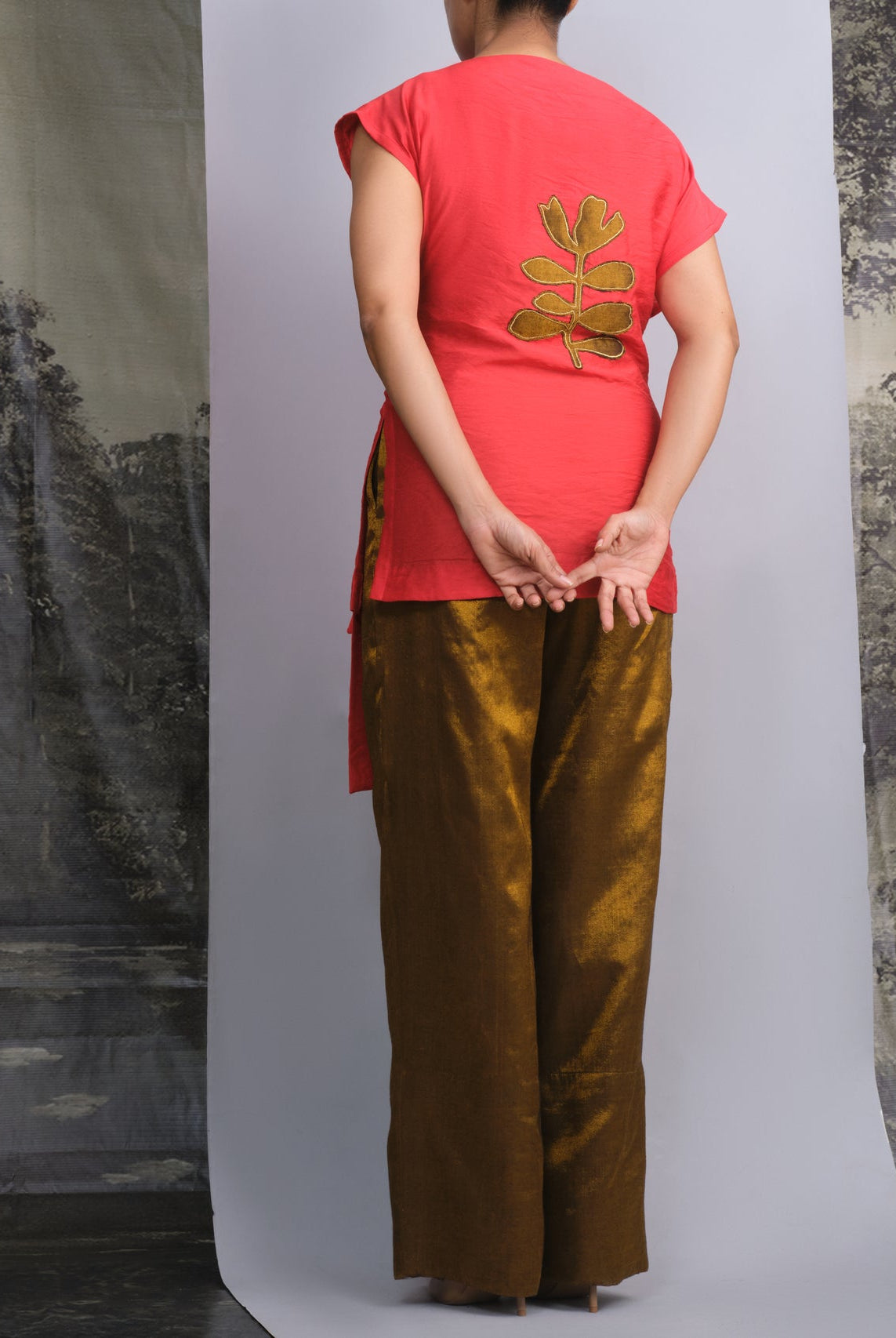Red Chanderi Belted Top & Gold Handwoven Pants Set - CiceroniCo - ord SetOtouto