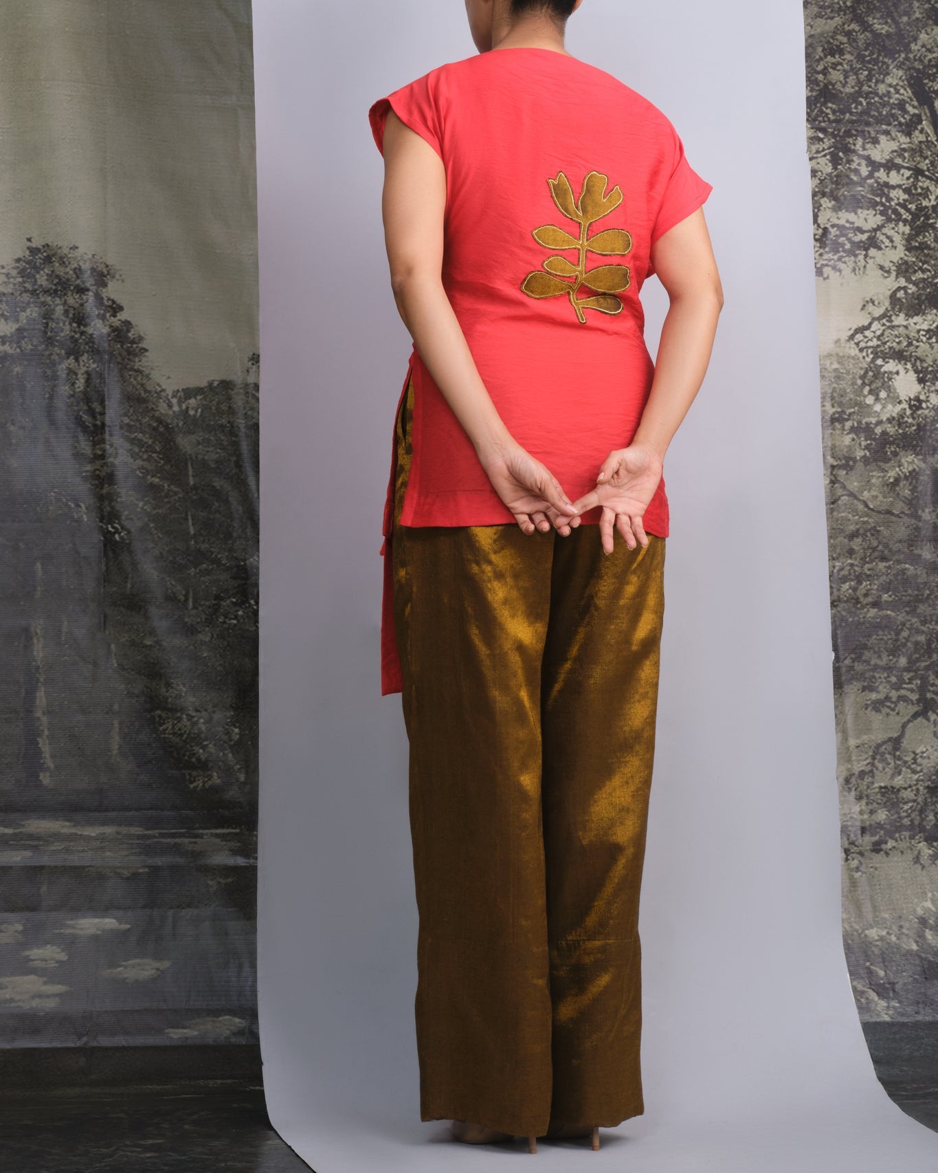 Red Chanderi Belted Top & Gold Handwoven Pants Set - CiceroniCo - ord SetOtouto