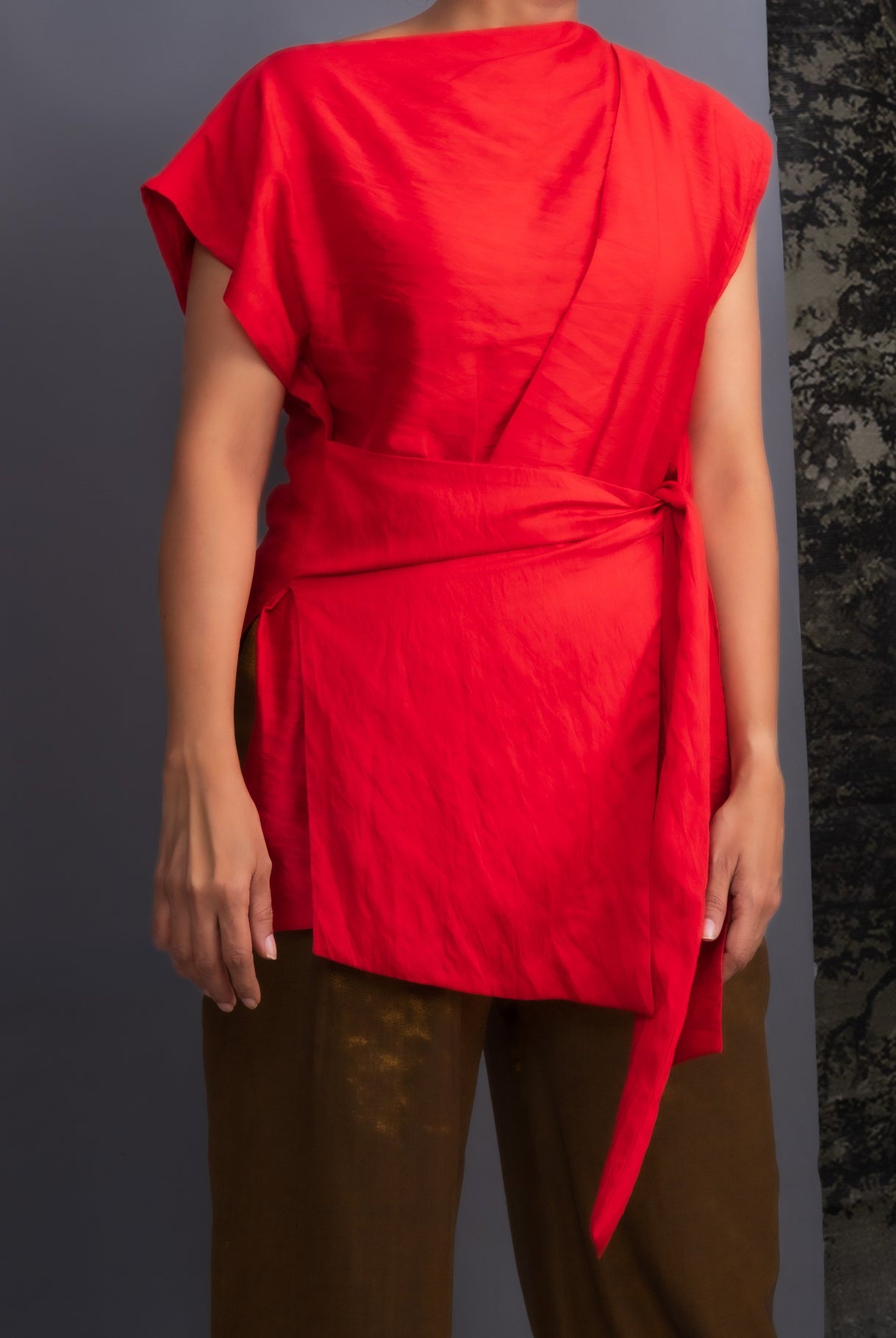 Red Chanderi Belted Top & Gold Handwoven Pants Set - CiceroniCo - ord SetOtouto