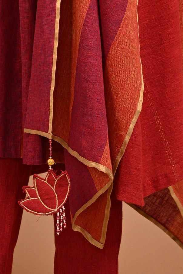 Red Dupatta in Gold Edge & Lotus Tassel - CiceroniDupattaRang by Rajvi