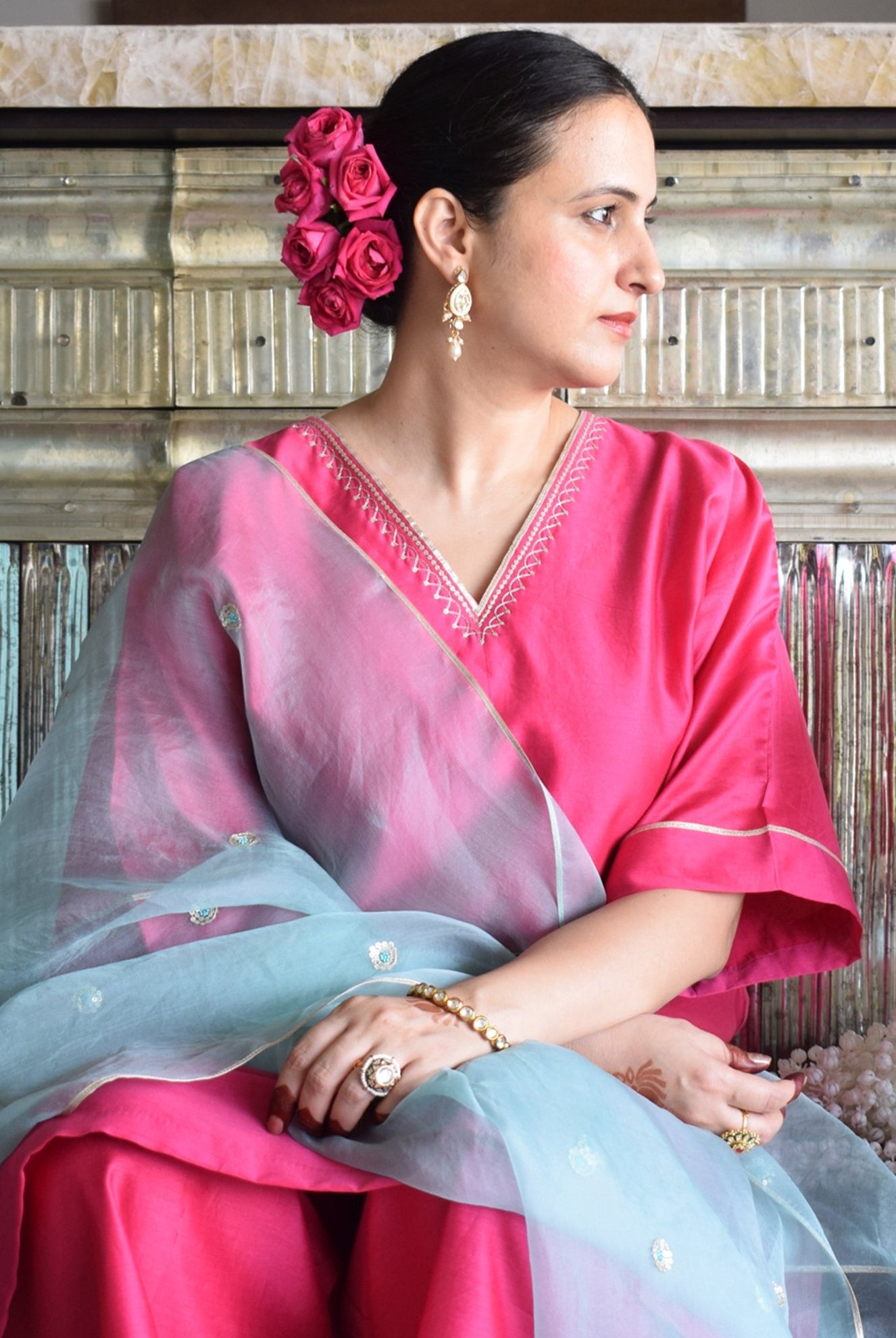 Rohini Chanderi Set with Hand Embroidered Choga Kurta and Wide Legged Pyjama - CiceroniKurta Set, Festive wearHouse of Moxa
