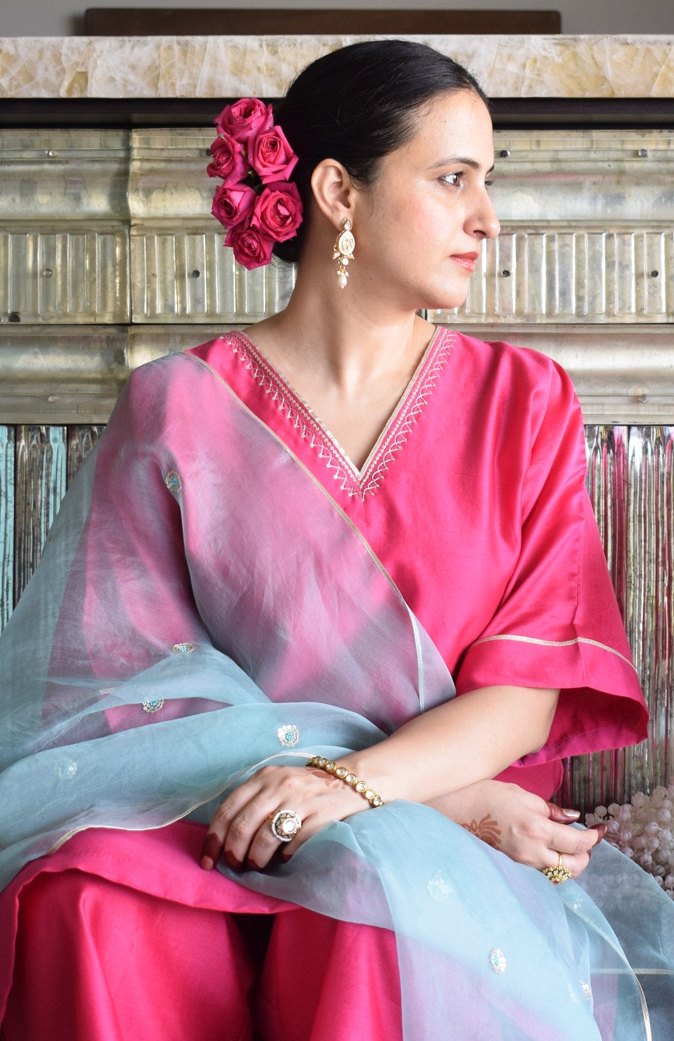 Rohini Chanderi Set with Hand Embroidered Choga Kurta and Wide Legged Pyjama - CiceroniKurta Set, Festive wearHouse of Moxa