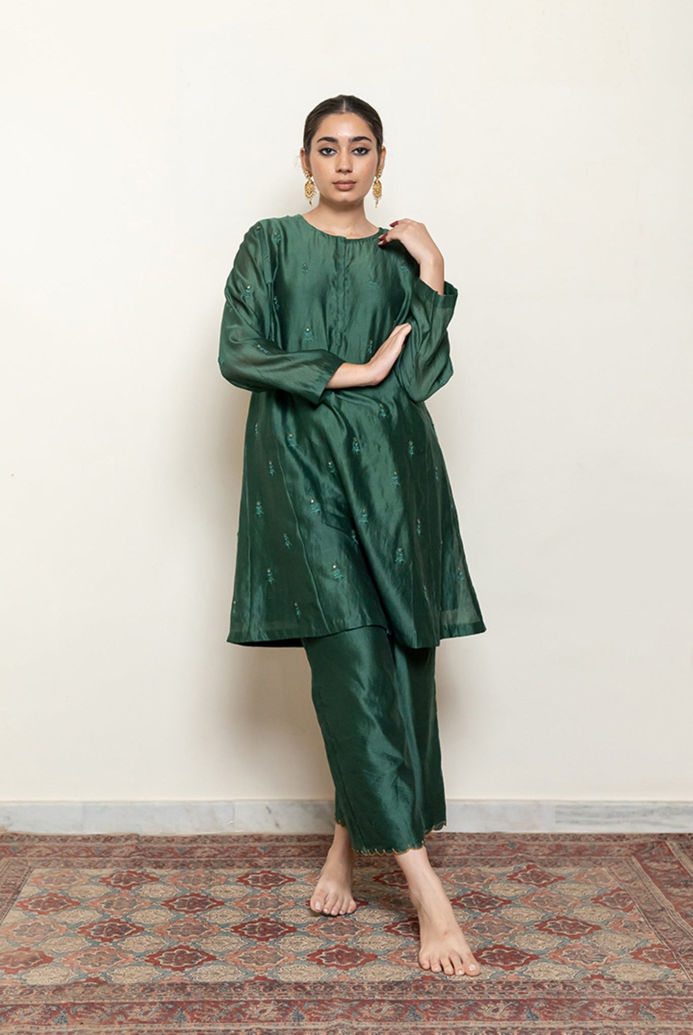 Roohi Kalidaar Kurta Set - Emerald Green (Set of 3) - CiceroniKurta Set, Festive wearNirjara
