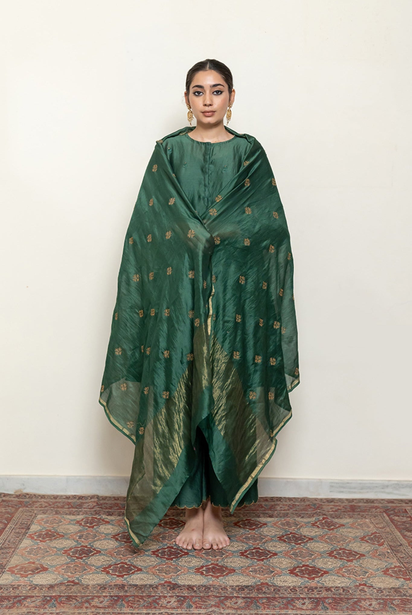 Roohi Kalidaar Kurta Set - Emerald Green (Set of 3) - CiceroniKurta Set, Festive wearNirjara