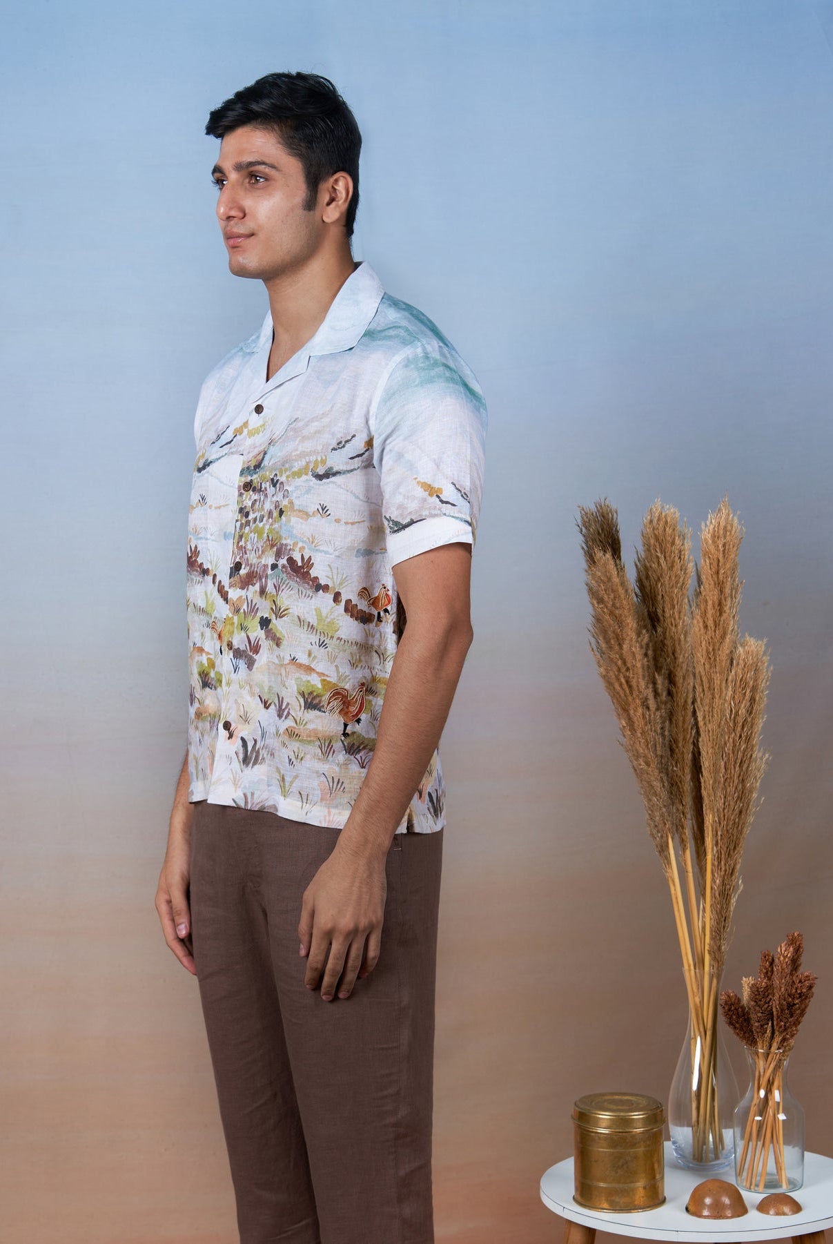 Rooster Meadow Blue - Hand Embroidered Unisex Printed Linen Shirt - CiceroniShirtsCultura Studio