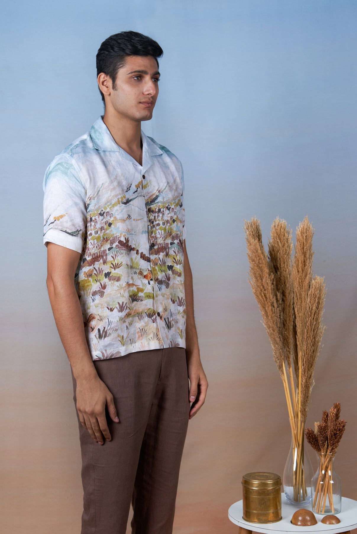 Rooster Meadow Blue - Hand Embroidered Unisex Printed Linen Shirt - CiceroniShirtsCultura Studio