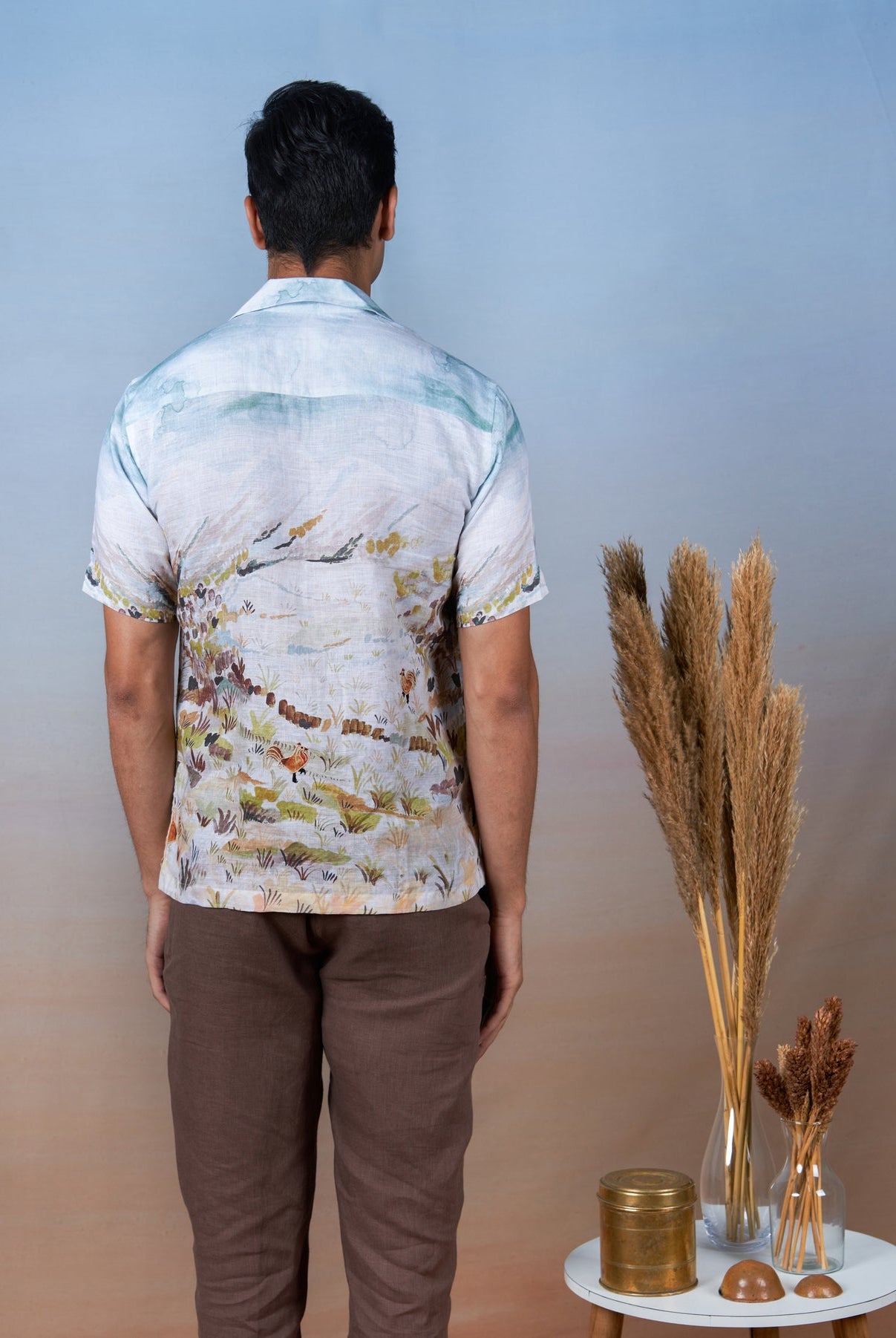Rooster Meadow Blue - Hand Embroidered Unisex Printed Linen Shirt - CiceroniShirtsCultura Studio