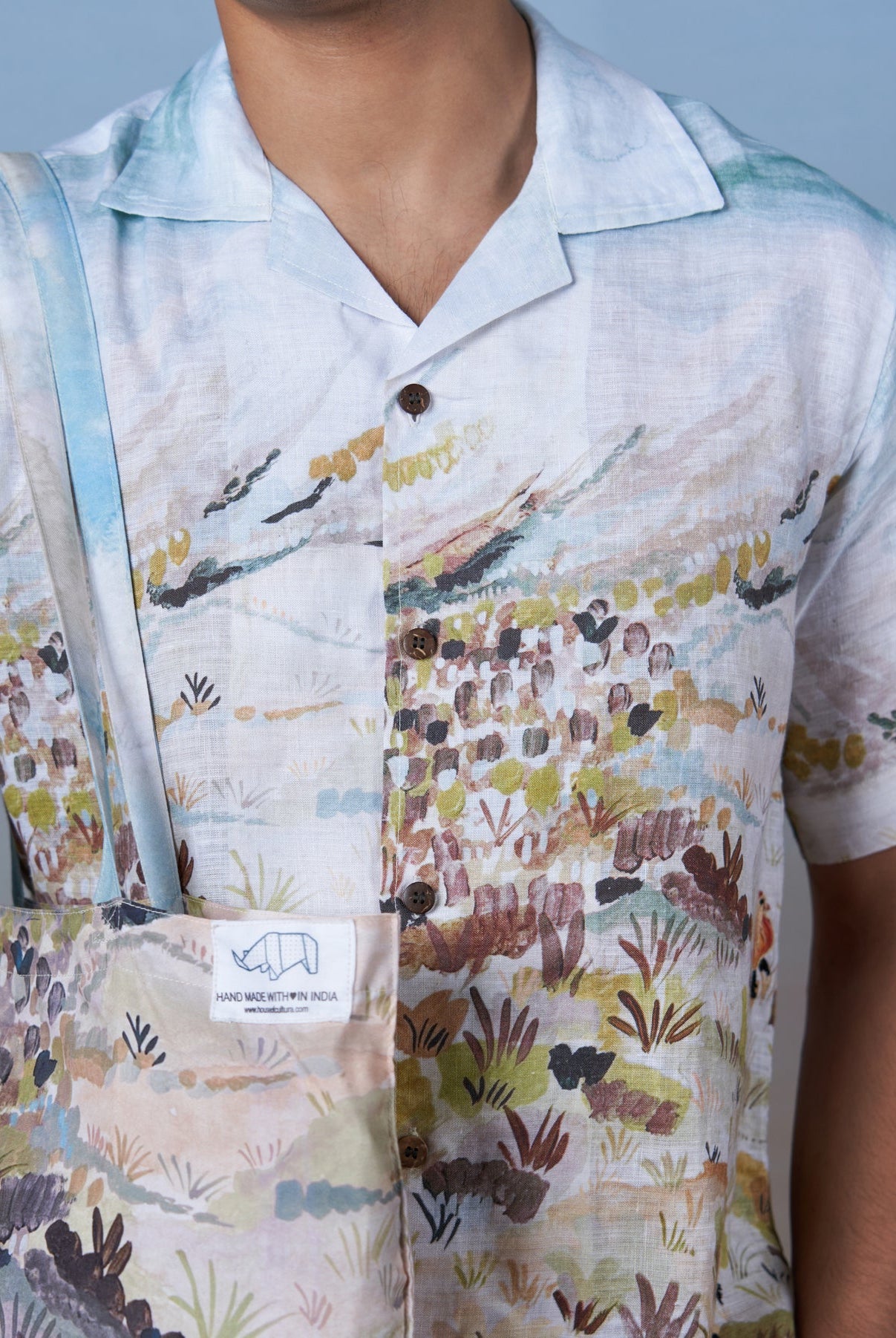 Rooster Meadow Blue - Hand Embroidered Unisex Printed Linen Shirt - CiceroniShirtsCultura Studio