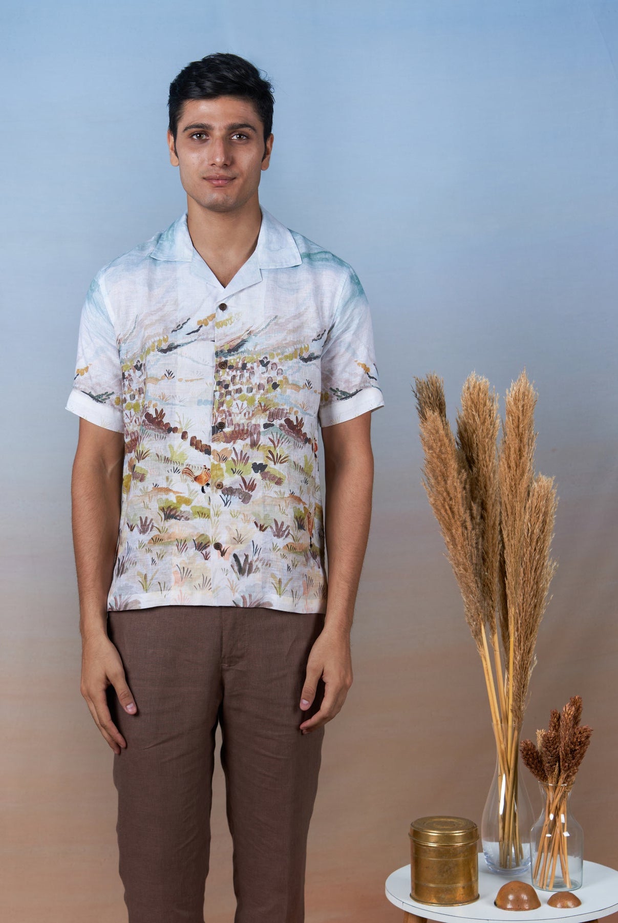 Rooster Meadow Blue - Hand Embroidered Unisex Printed Linen Shirt - CiceroniShirtsCultura Studio
