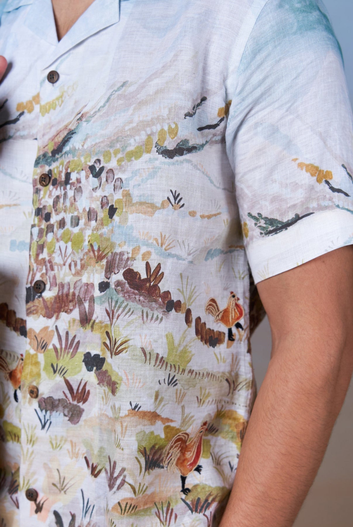 Rooster Meadow Blue - Hand Embroidered Unisex Printed Linen Shirt - CiceroniShirtsCultura Studio