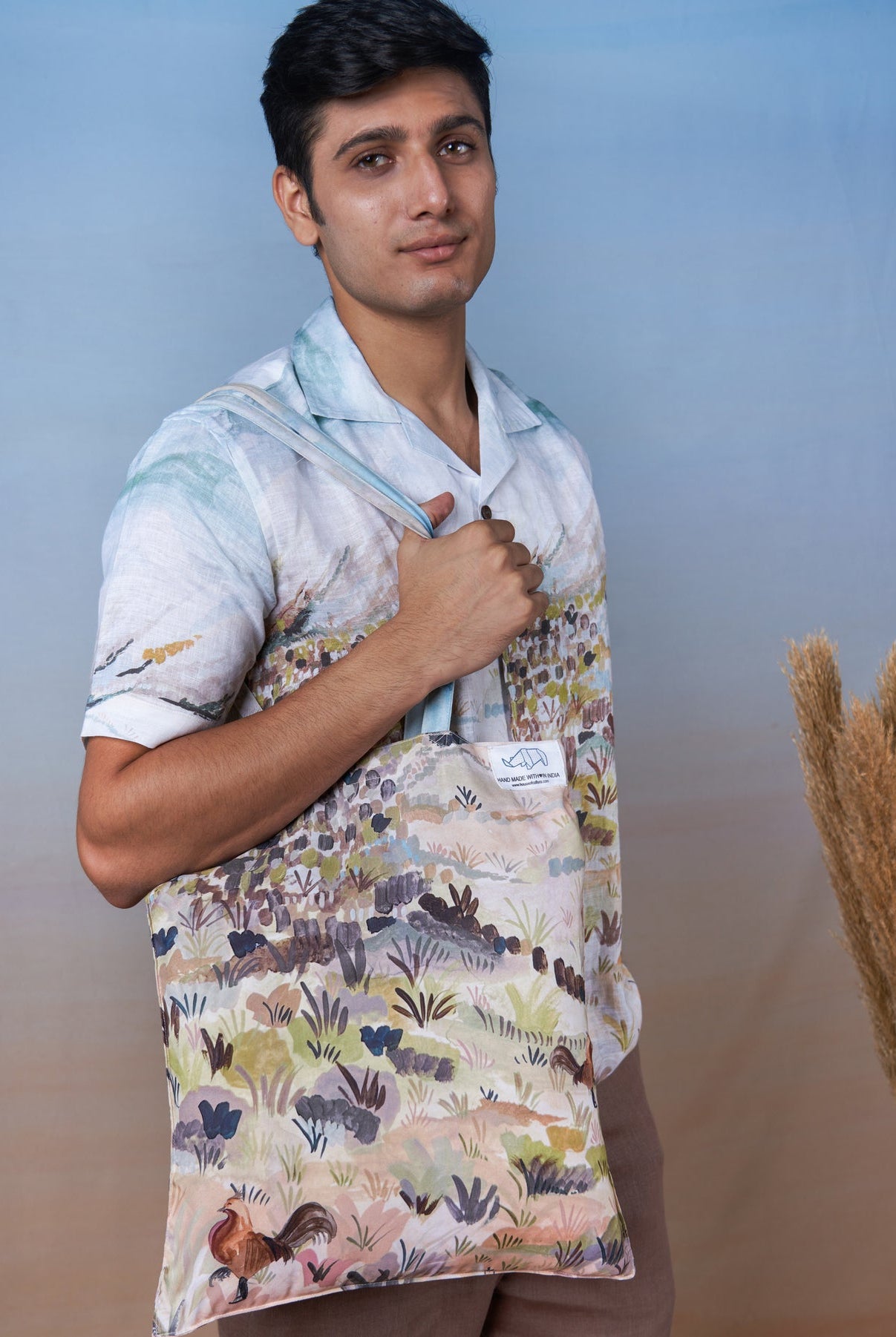 Rooster Meadow Blue - Hand Embroidered Unisex Printed Linen Shirt - CiceroniShirtsCultura Studio