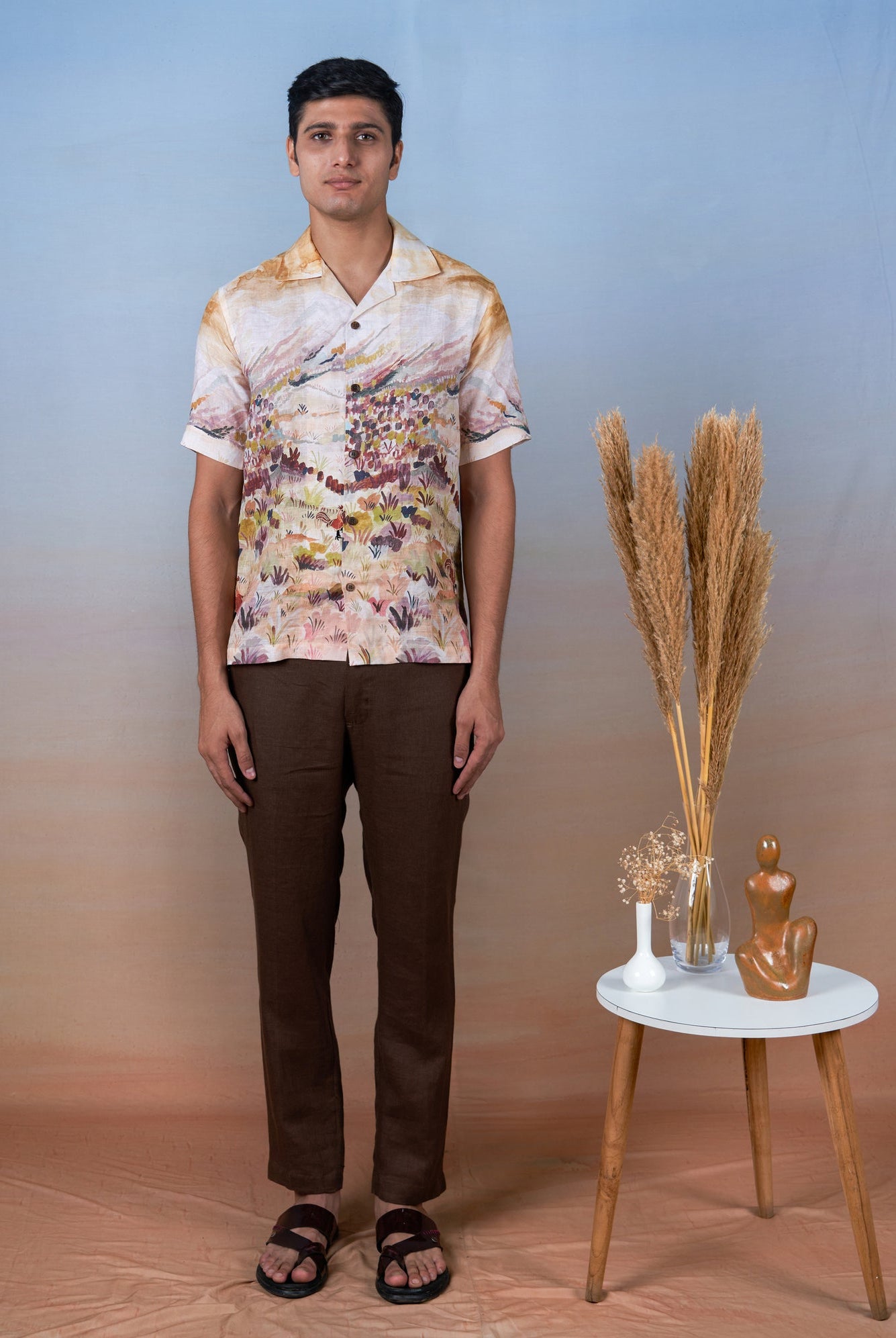 Rooster Meadow Yellow - Hand Embroidered Unisex Printed Linen Shirt - CiceroniShirtsCultura Studio