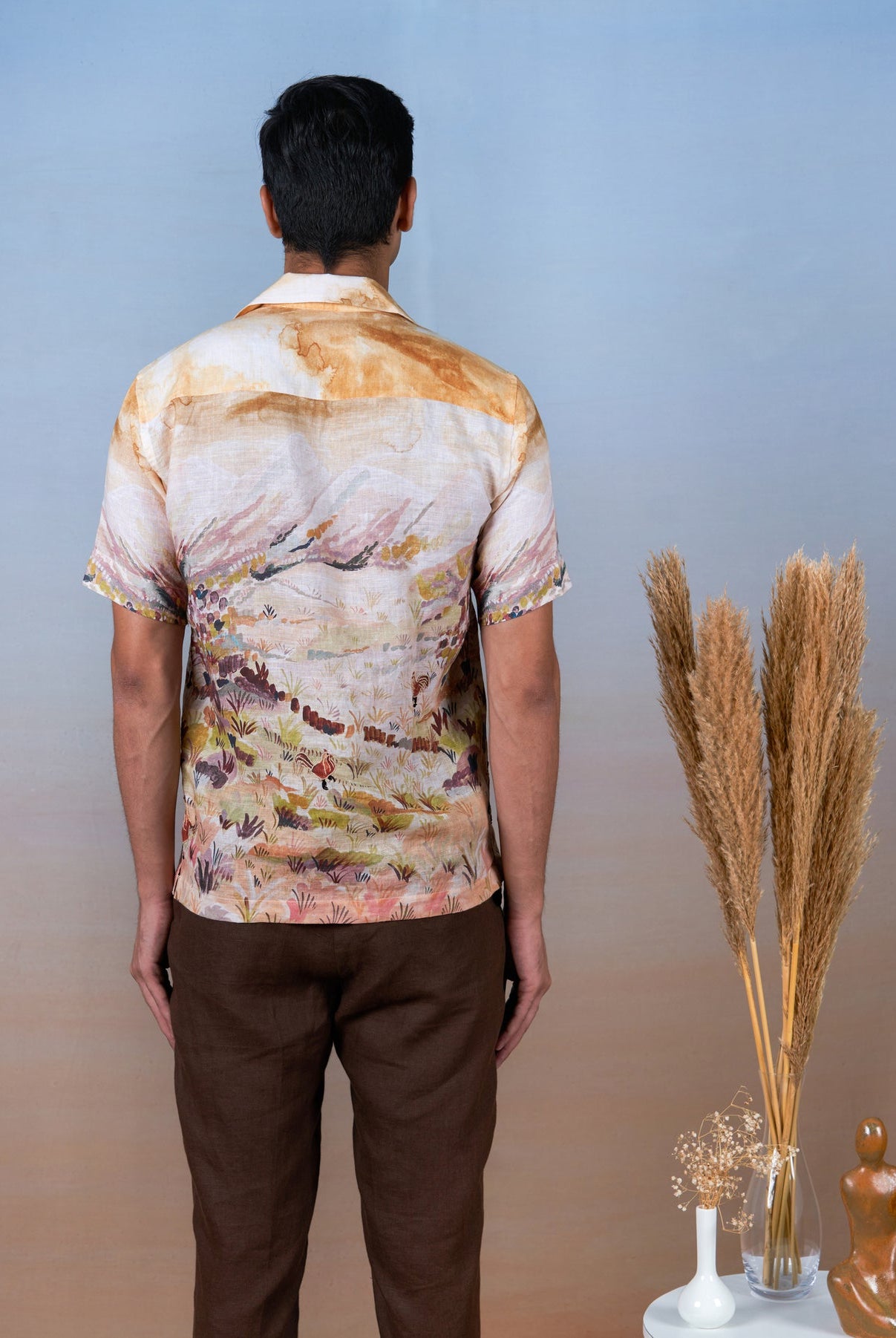 Rooster Meadow Yellow - Hand Embroidered Unisex Printed Linen Shirt - CiceroniShirtsCultura Studio