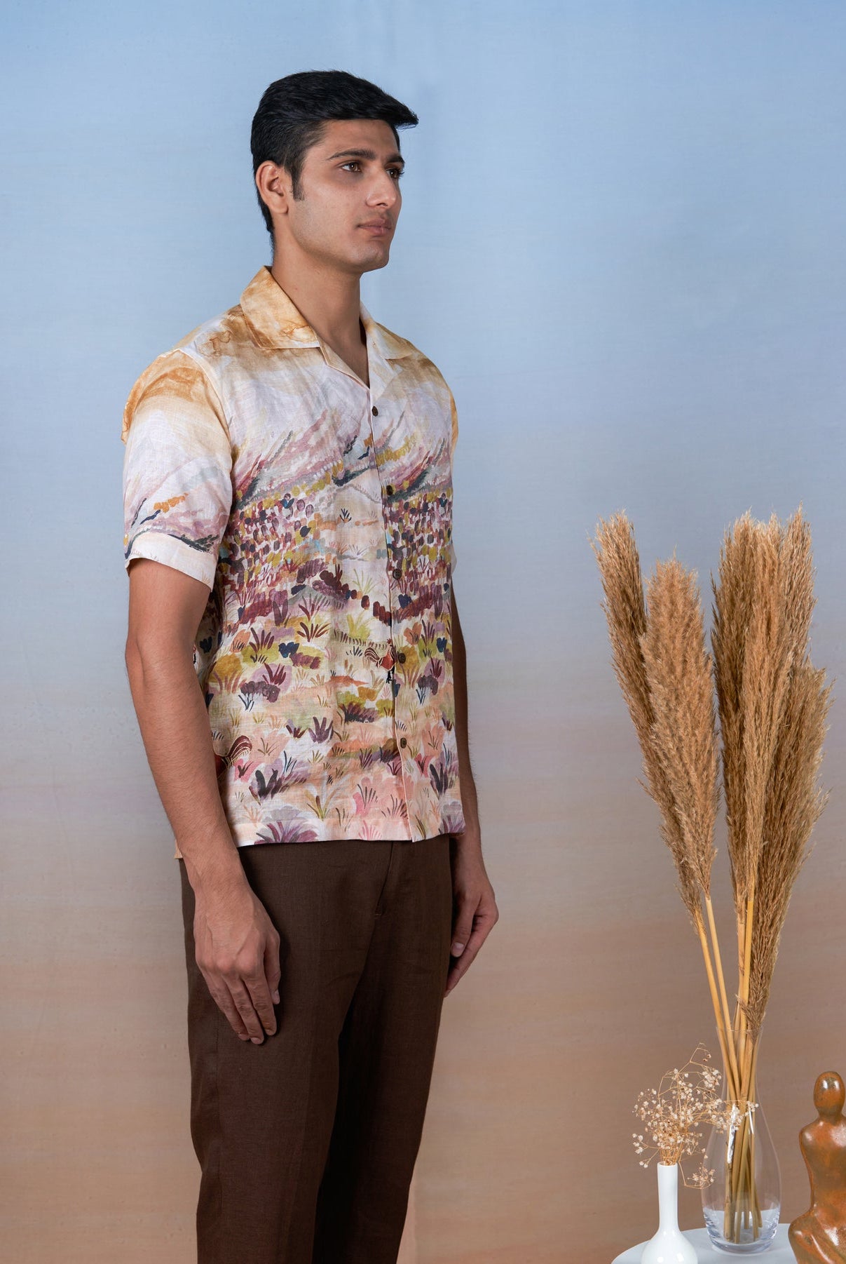 Rooster Meadow Yellow - Hand Embroidered Unisex Printed Linen Shirt - CiceroniShirtsCultura Studio