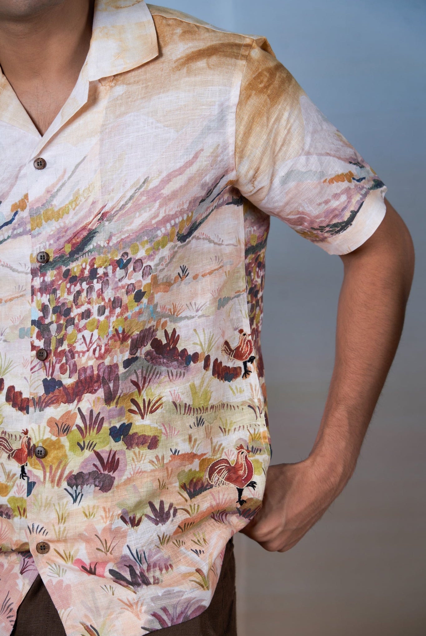 Rooster Meadow Yellow - Hand Embroidered Unisex Printed Linen Shirt - CiceroniShirtsCultura Studio