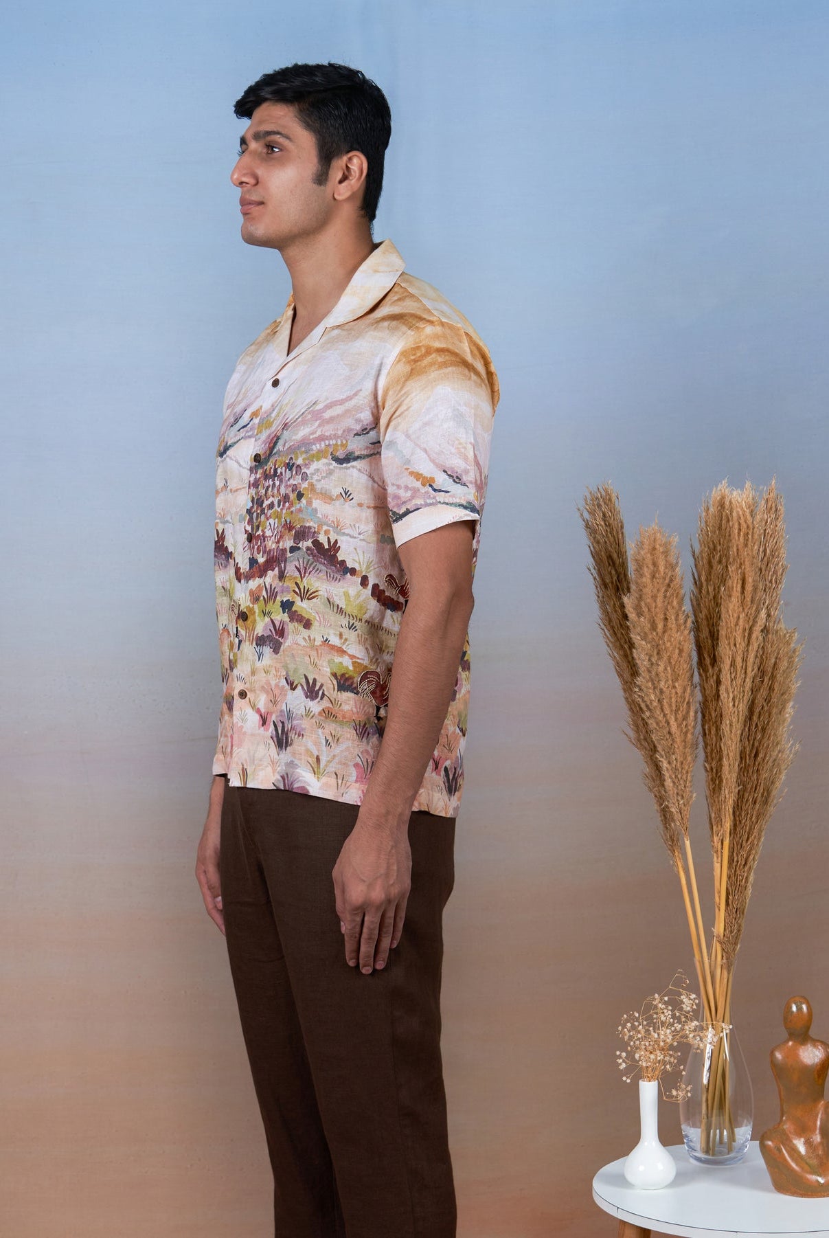 Rooster Meadow Yellow - Hand Embroidered Unisex Printed Linen Shirt - CiceroniShirtsCultura Studio