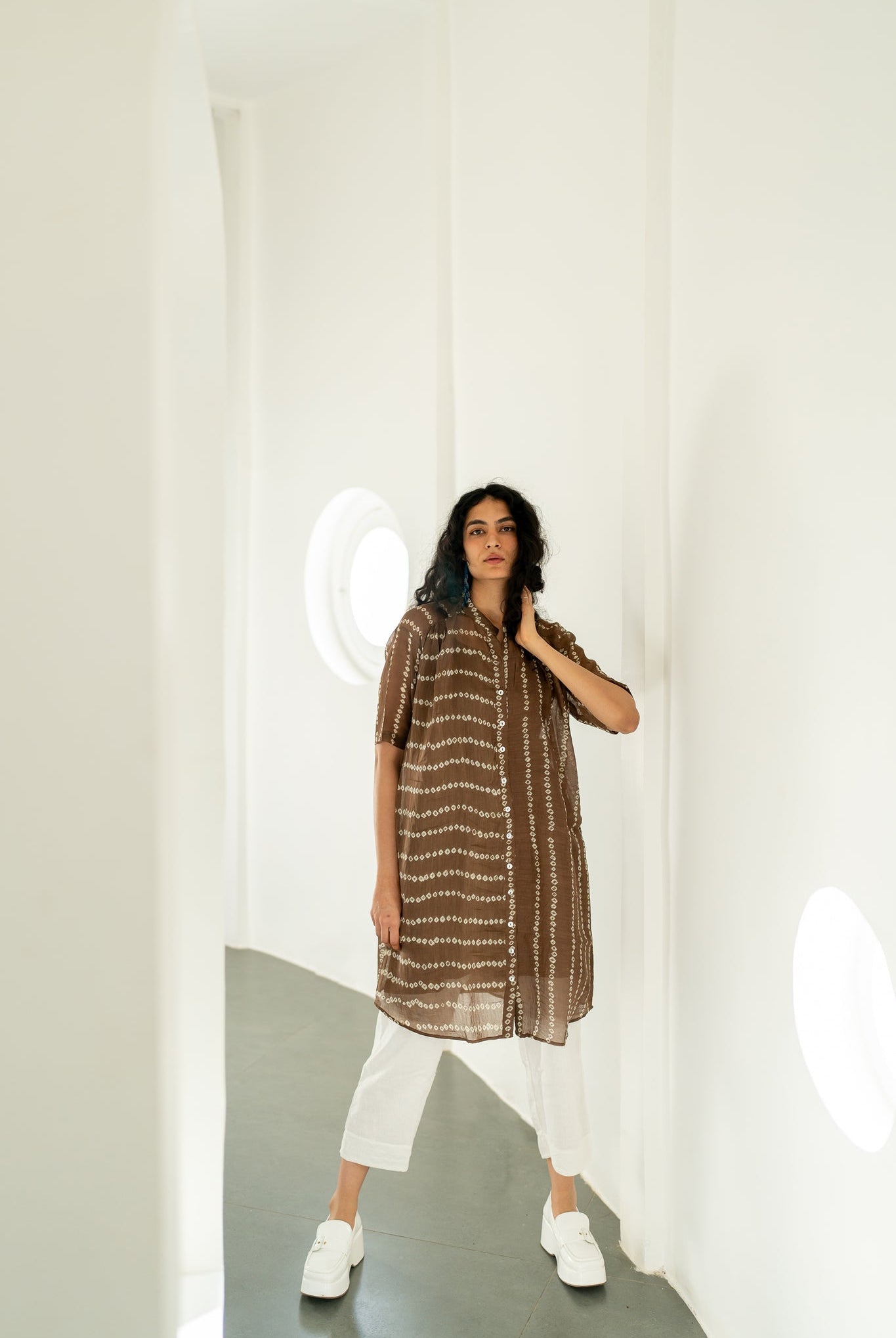 Rosewood Bandhej Tunic with White Pants - CiceroniKurta SetSilai Studio