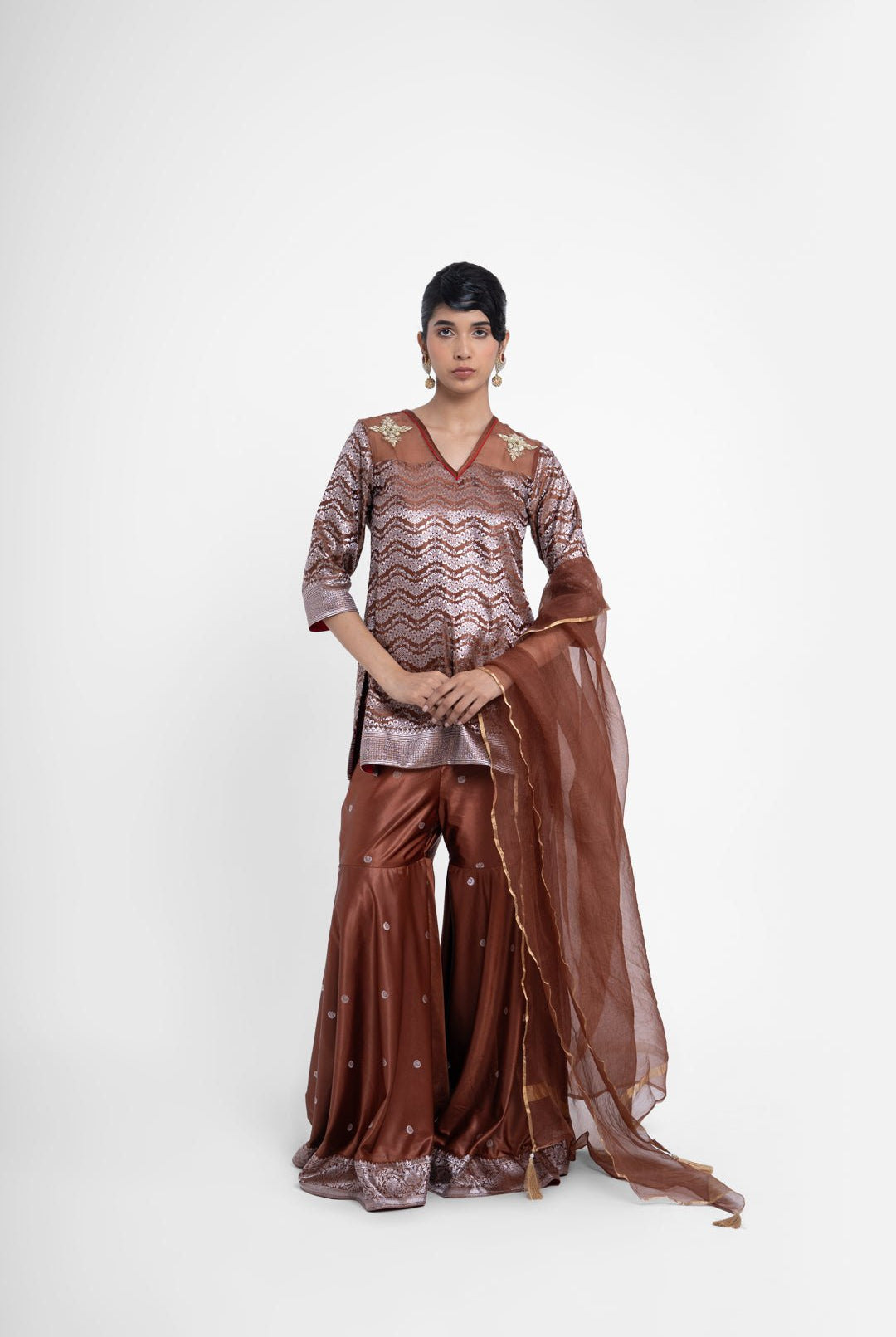 Ruby Gharara Set In Brown - CiceroniKurta Set, Festive WearShriya Singhi