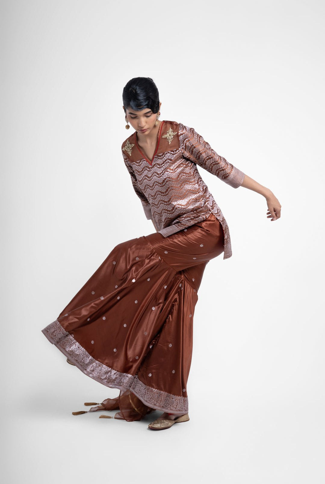 Ruby Gharara Set In Brown - CiceroniKurta Set, Festive WearShriya Singhi