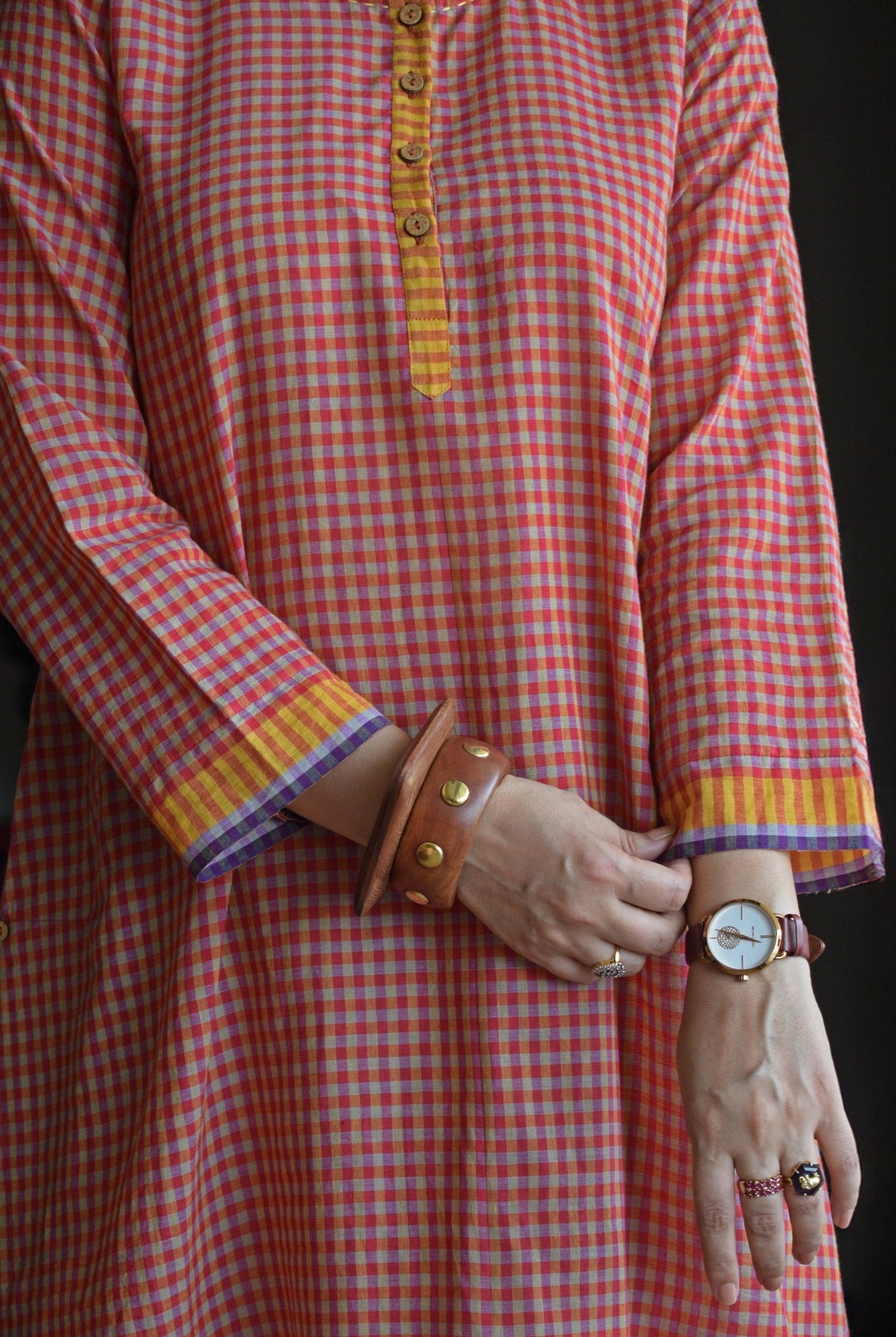 Rust Orange Checks A - Line Kurta with Pyjama in Handwoven Cotton - CiceroniKurta Set, Everyday WearHouse of Moxa