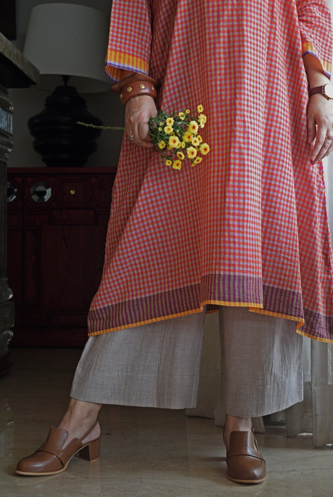 Rust Orange Checks A - Line Kurta with Pyjama in Handwoven Cotton - CiceroniKurta Set, Everyday WearHouse of Moxa