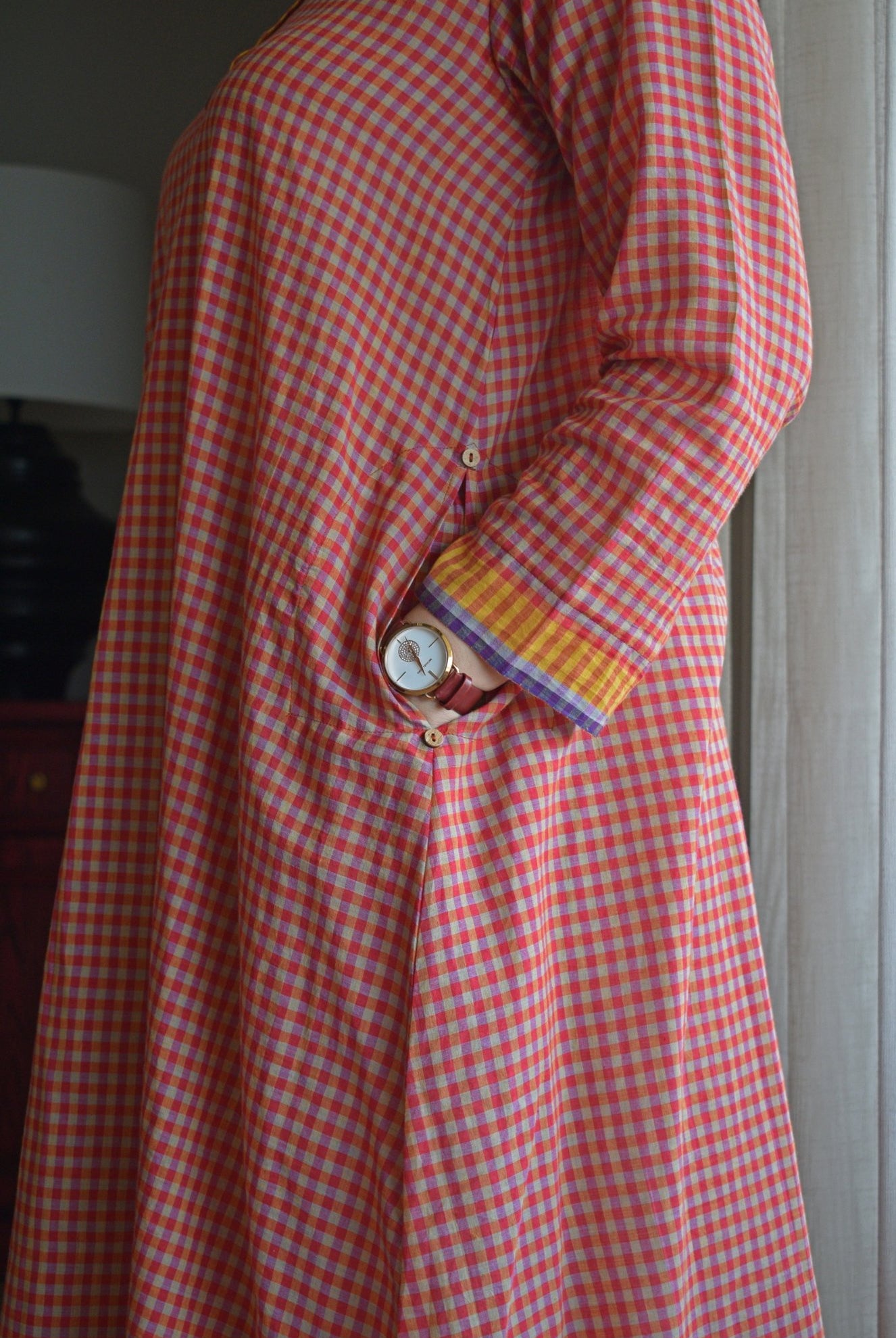 Rust Orange Checks A - Line Kurta with Pyjama in Handwoven Cotton - CiceroniKurta Set, Everyday WearHouse of Moxa