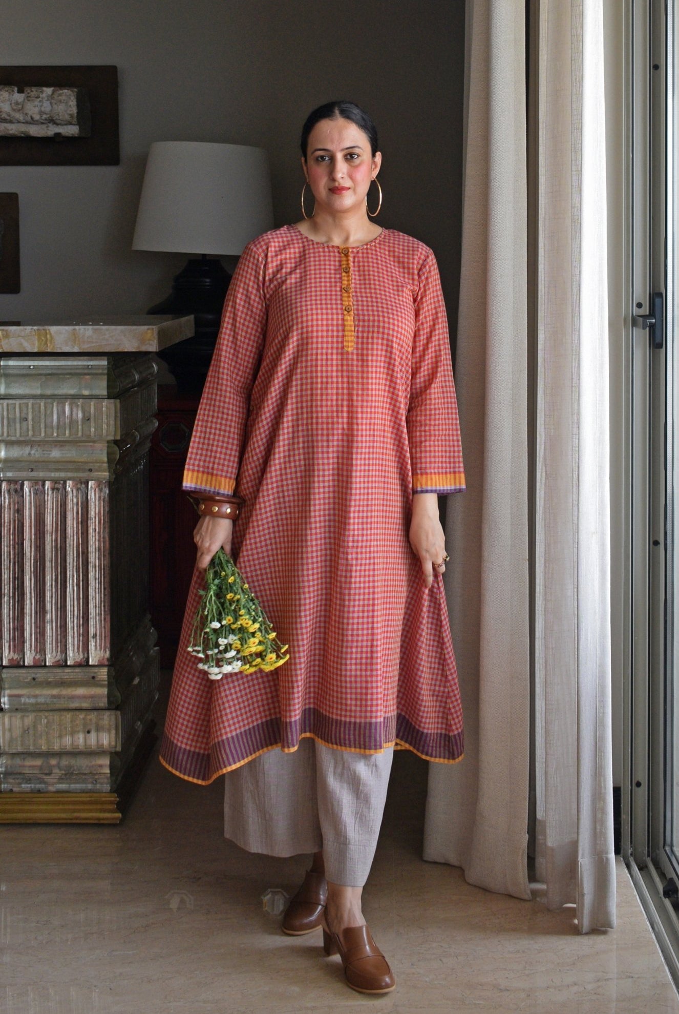 Rust Orange Checks A - Line Kurta with Pyjama in Handwoven Cotton - CiceroniKurta Set, Everyday WearHouse of Moxa