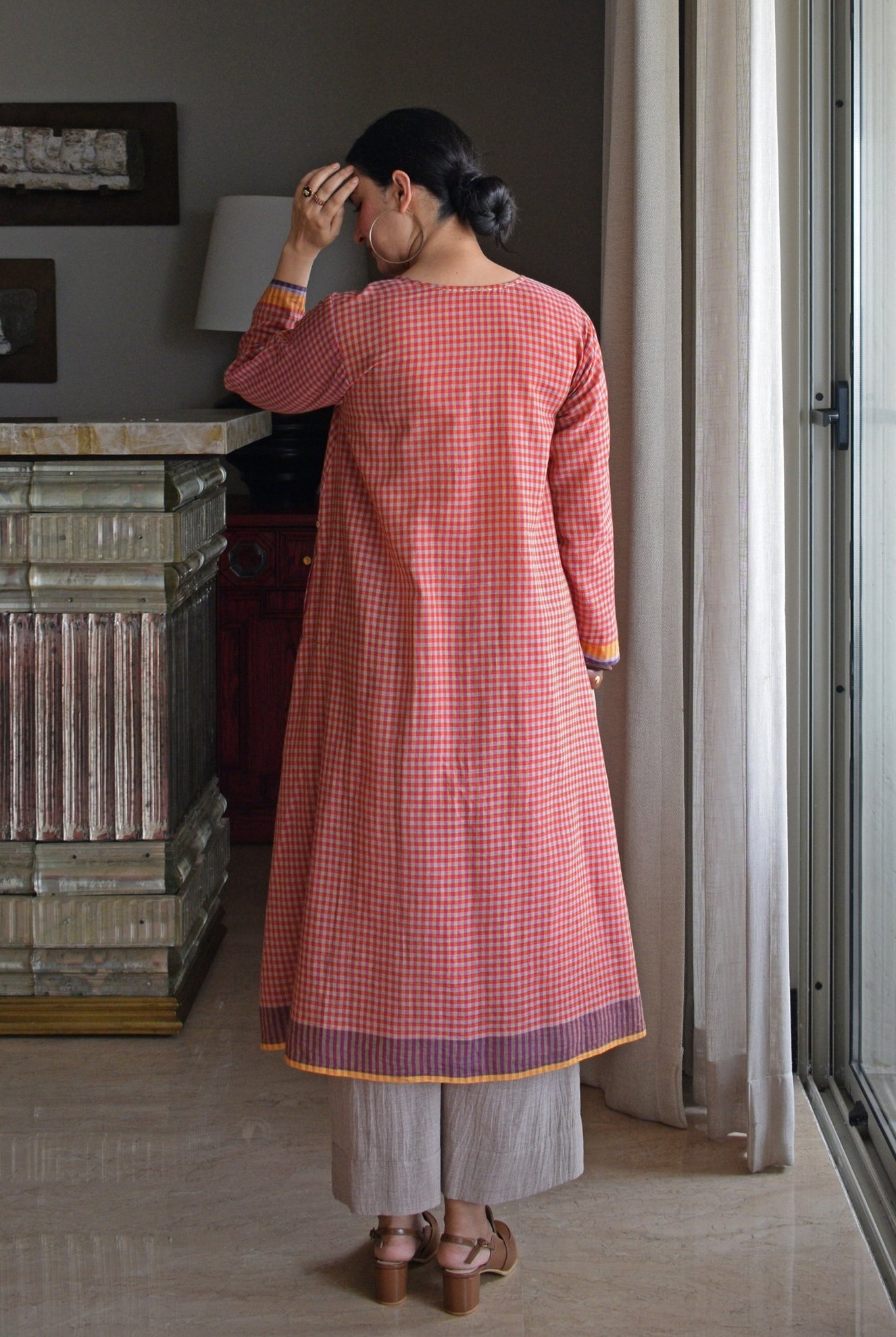 Rust Orange Checks A - Line Kurta with Pyjama in Handwoven Cotton - CiceroniKurta Set, Everyday WearHouse of Moxa