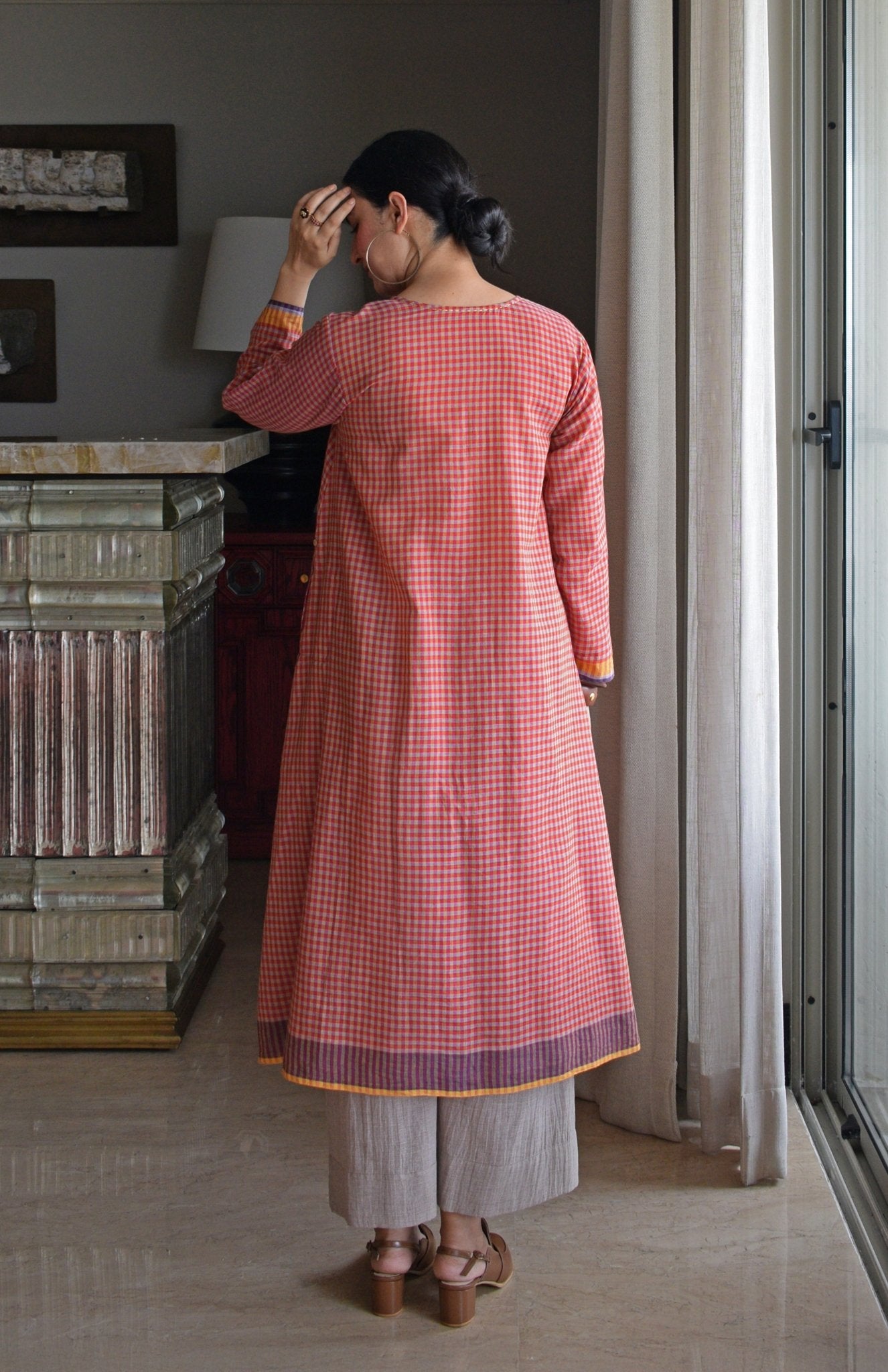 Rust Orange Checks A - Line Kurta with Pyjama in Handwoven Cotton - CiceroniKurta Set, Everyday WearHouse of Moxa