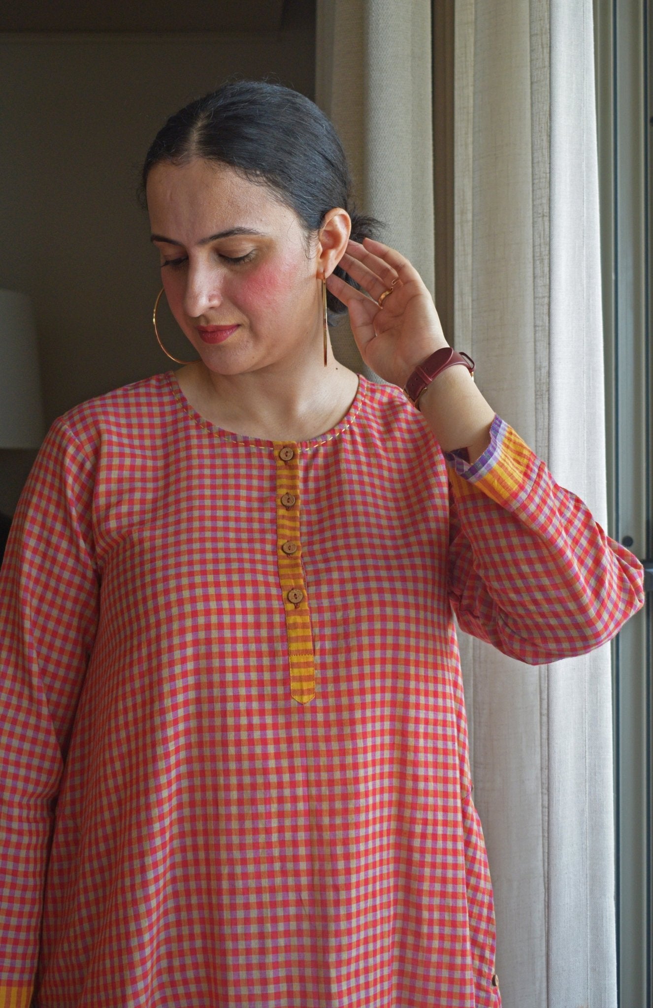 Rust Orange Checks A - Line Kurta with Pyjama in Handwoven Cotton - CiceroniKurta Set, Everyday WearHouse of Moxa