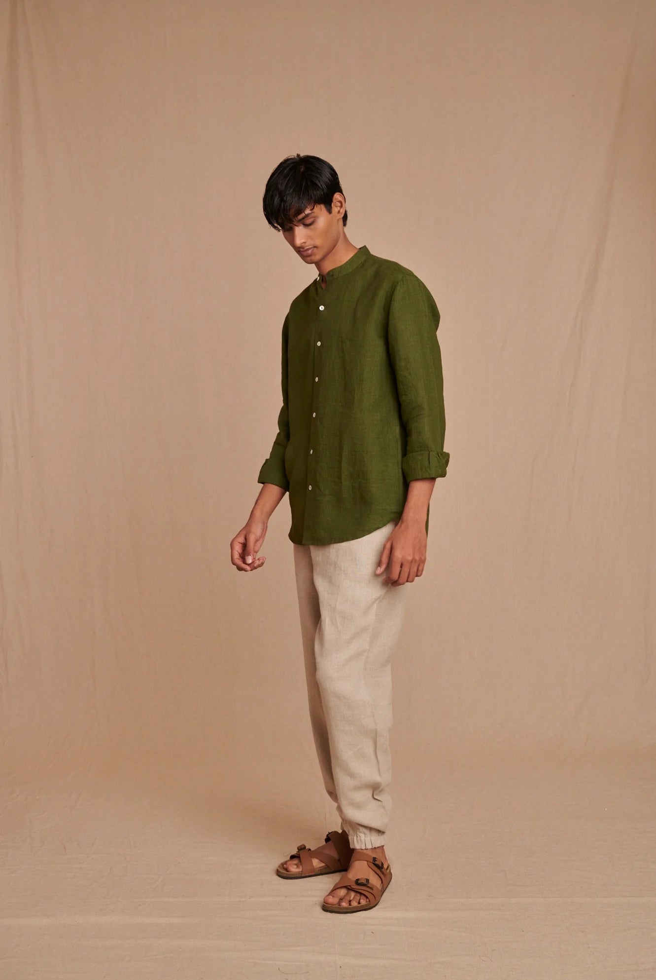 Safari Linen Men's Band Collar Shirt - CiceroniShirtSaphed