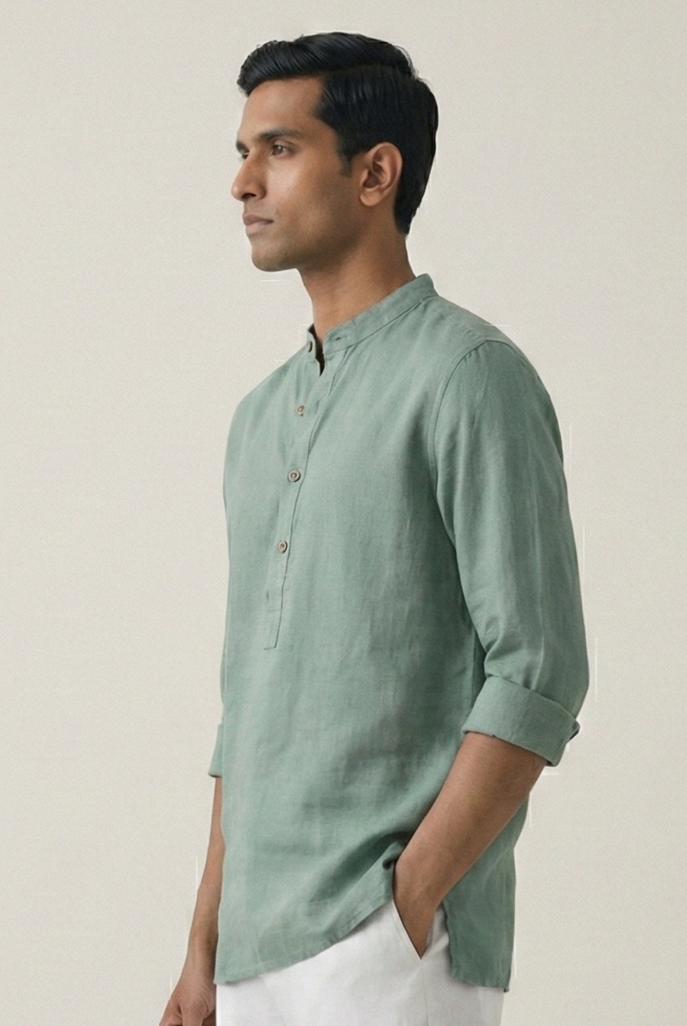 Sage Green 100% Pure Linen Classic Short Kurta - CiceroniKurta, Everyday Wearbhrāta