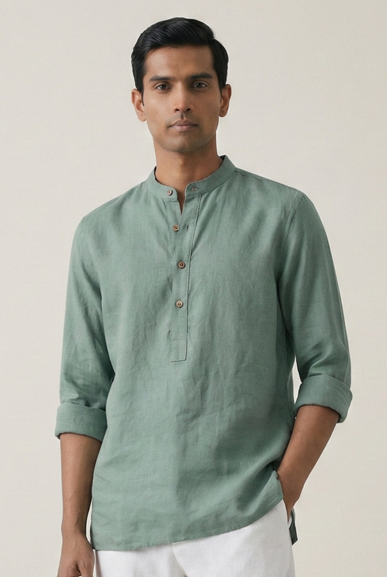 Sage Green 100% Pure Linen Classic Short Kurta - CiceroniKurta, Everyday Wearbhrāta