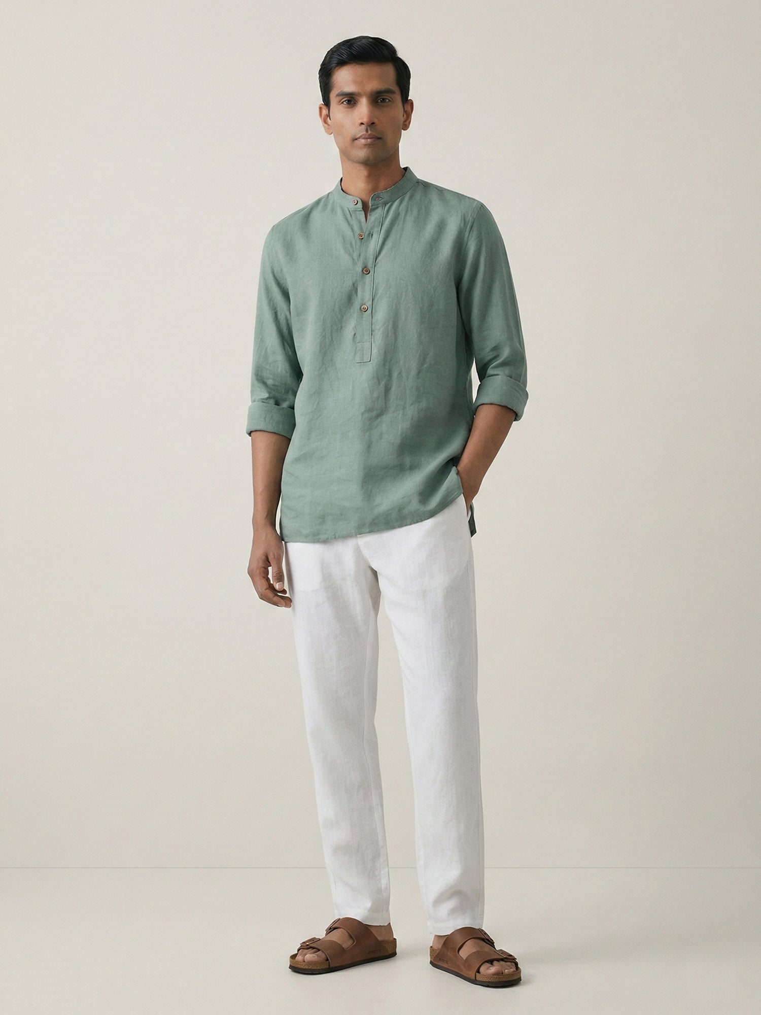 Sage Green 100% Pure Linen Classic Short Kurta - CiceroniKurta, Everyday Wearbhrāta