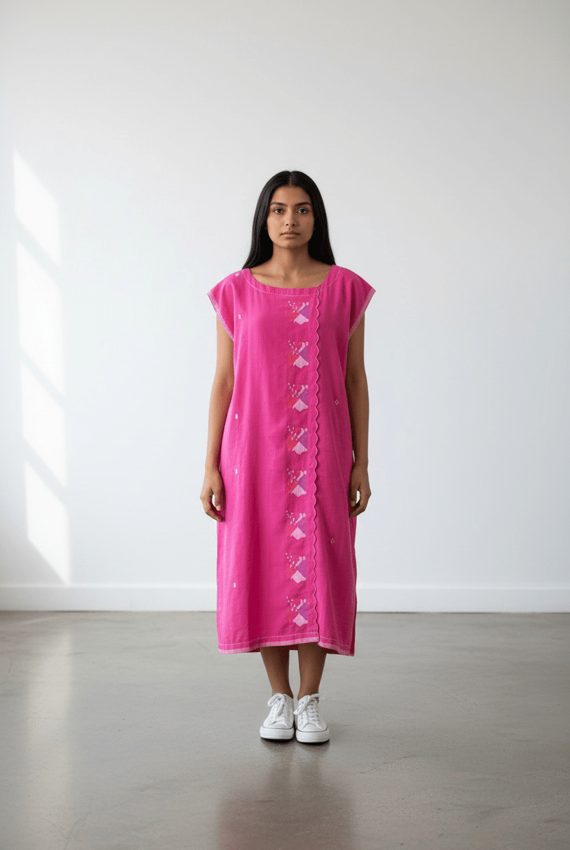 Scallop Dress - Hibiscus Lotus Golap Jamdani - CiceroniDressesBhomra