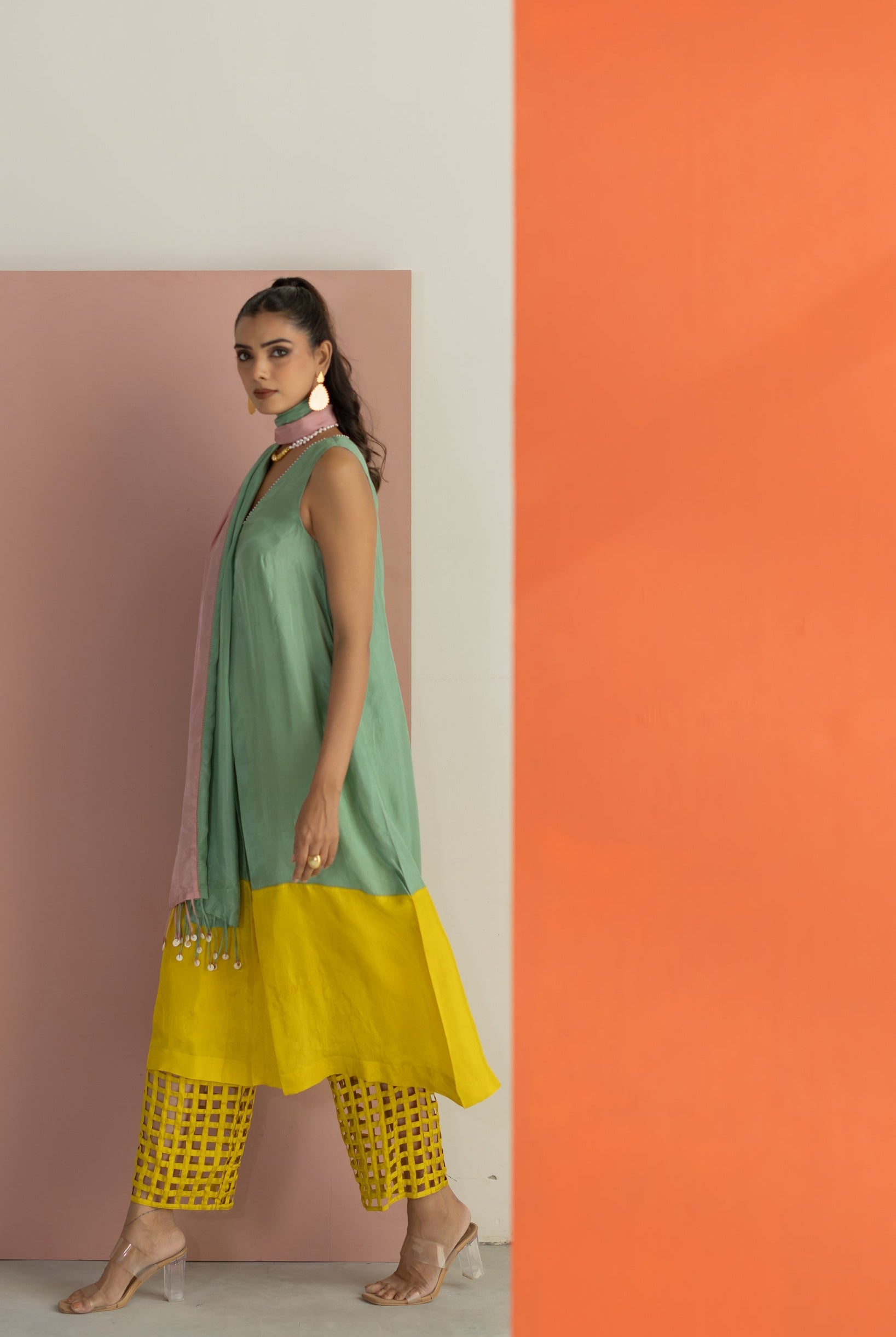 Sea Green and Lime Yellow Kurta Set - CiceroniKurta Set, Festive WearTussah