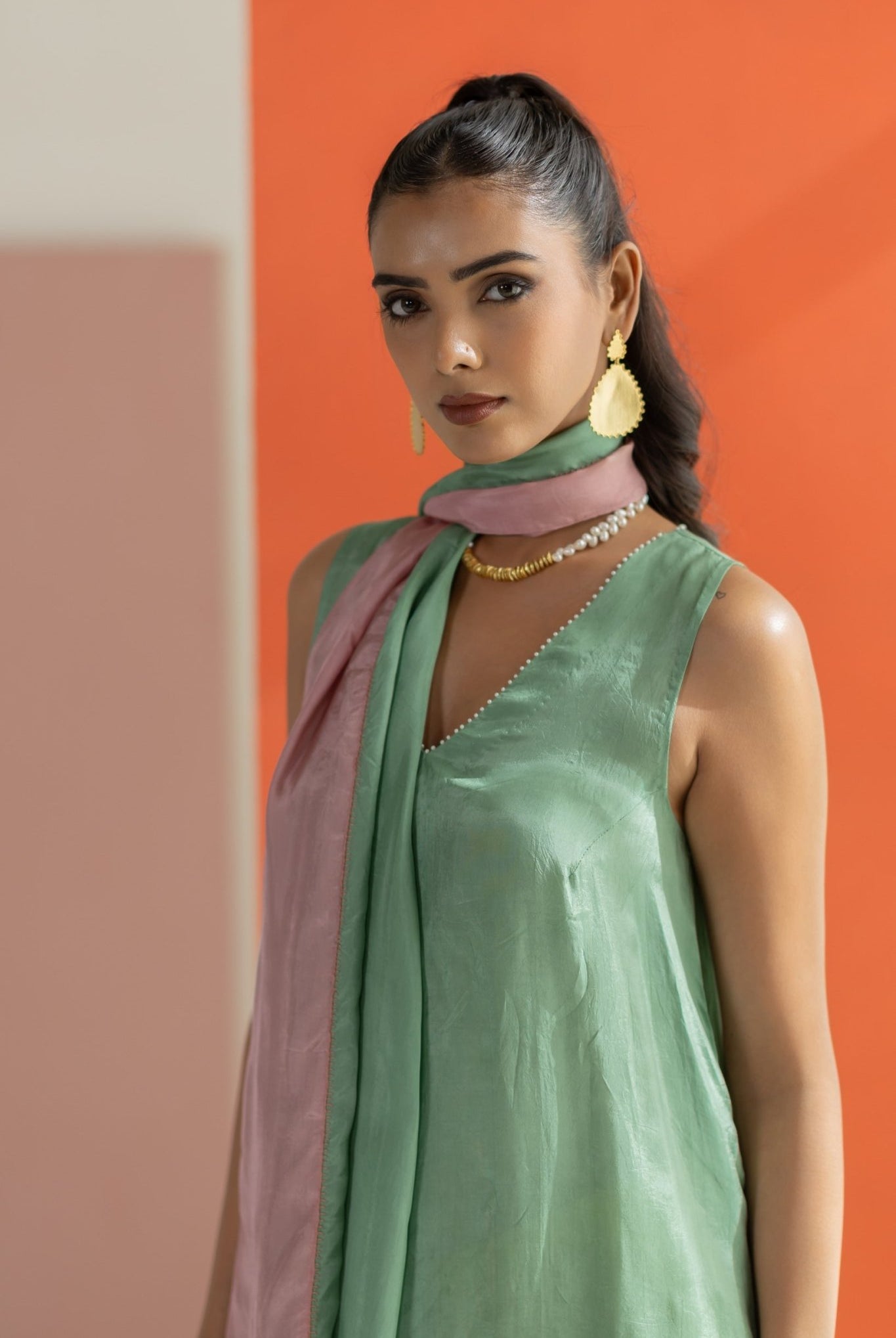 Sea Green and Lime Yellow Kurta Set - CiceroniKurta Set, Festive WearTussah